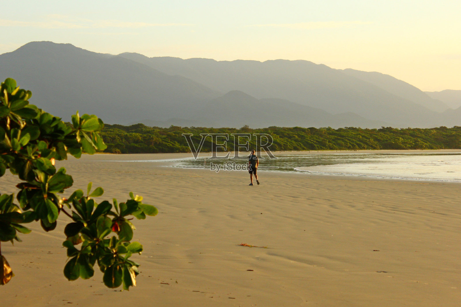 清晨的阳光,孤独的人走在海滩上照片摄影图片