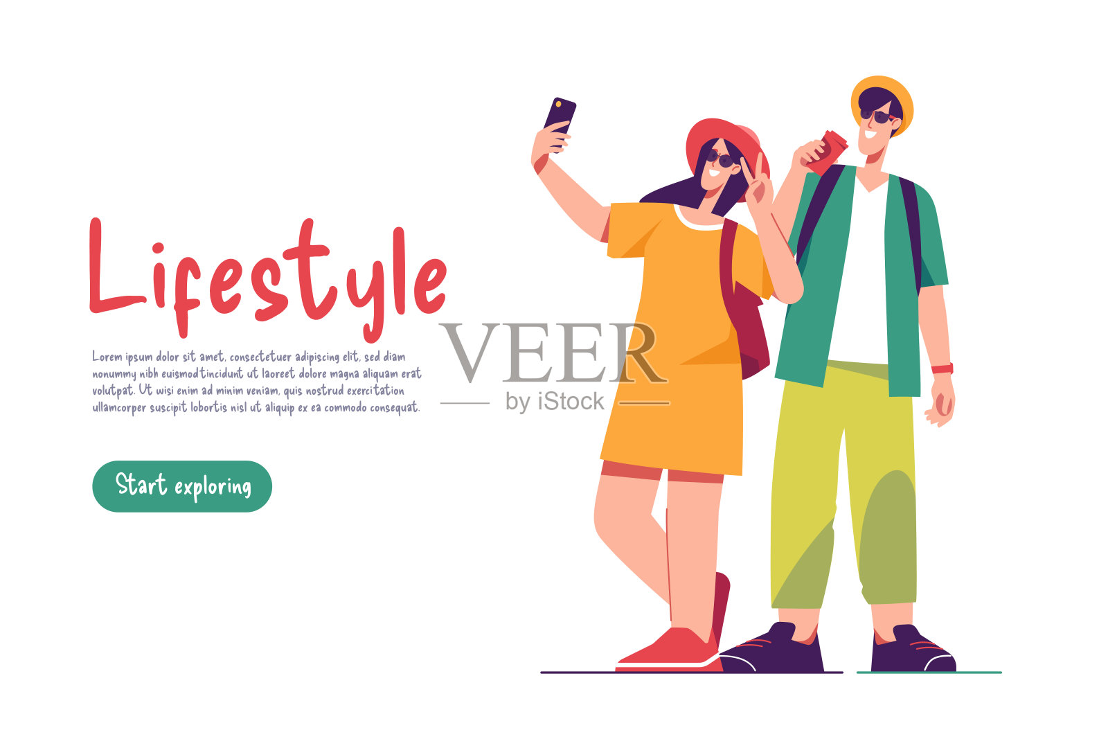 一对游客的矢量插图旅行者背包自拍插画图片素材