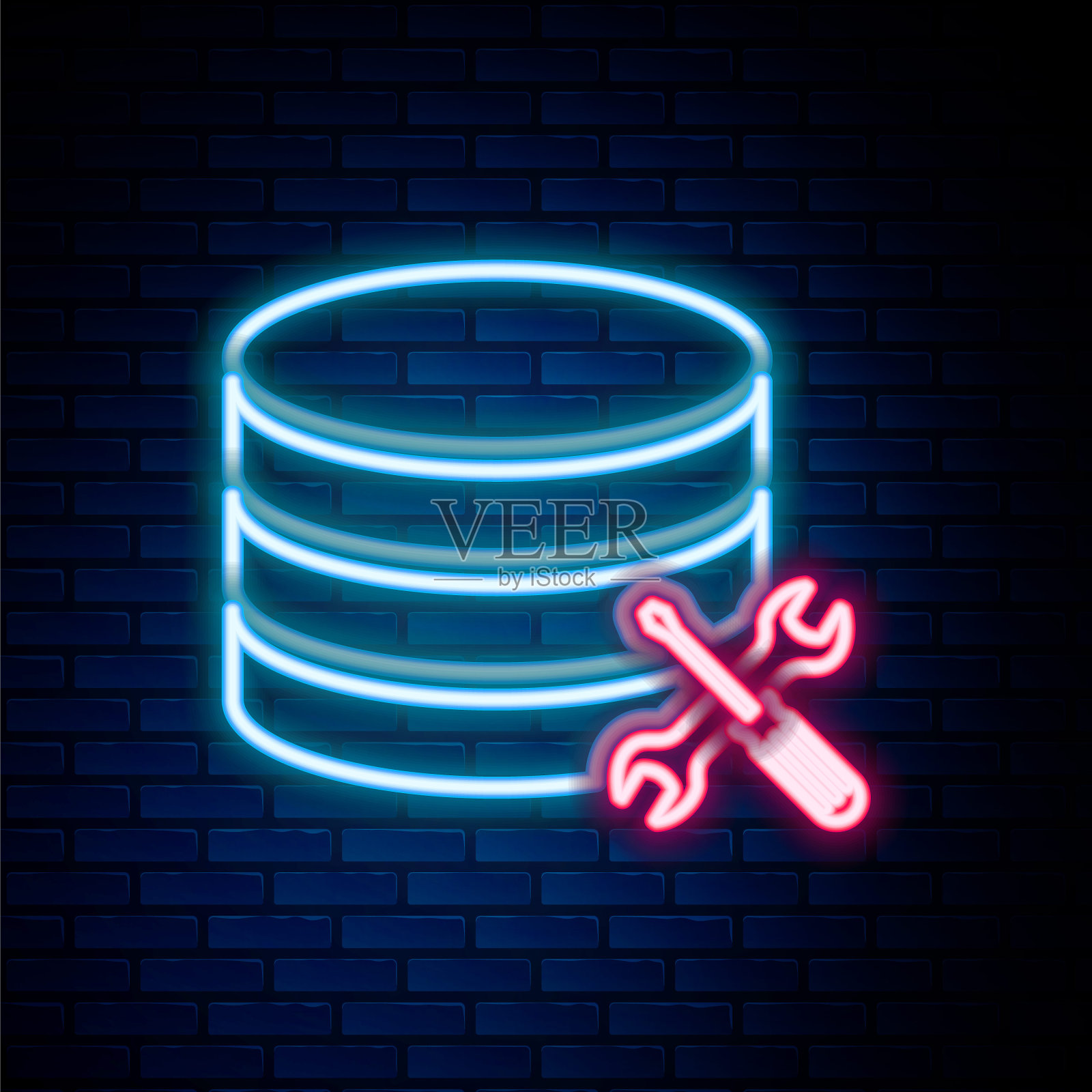 发光霓虹灯线数据库服务器与螺丝刀和扳手图标隔离在砖墙背景。调整,服务,设置,维护,修理,固定。彩色轮廓概念。向量插画图片素材