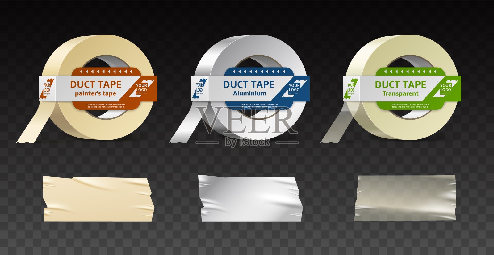 胶带包装设计。现实的粘卷自粘安装胶带在不同的颜色,金色和银色,材料透明度选项,空白干净的3d元素,完全矢量集插画图片素材