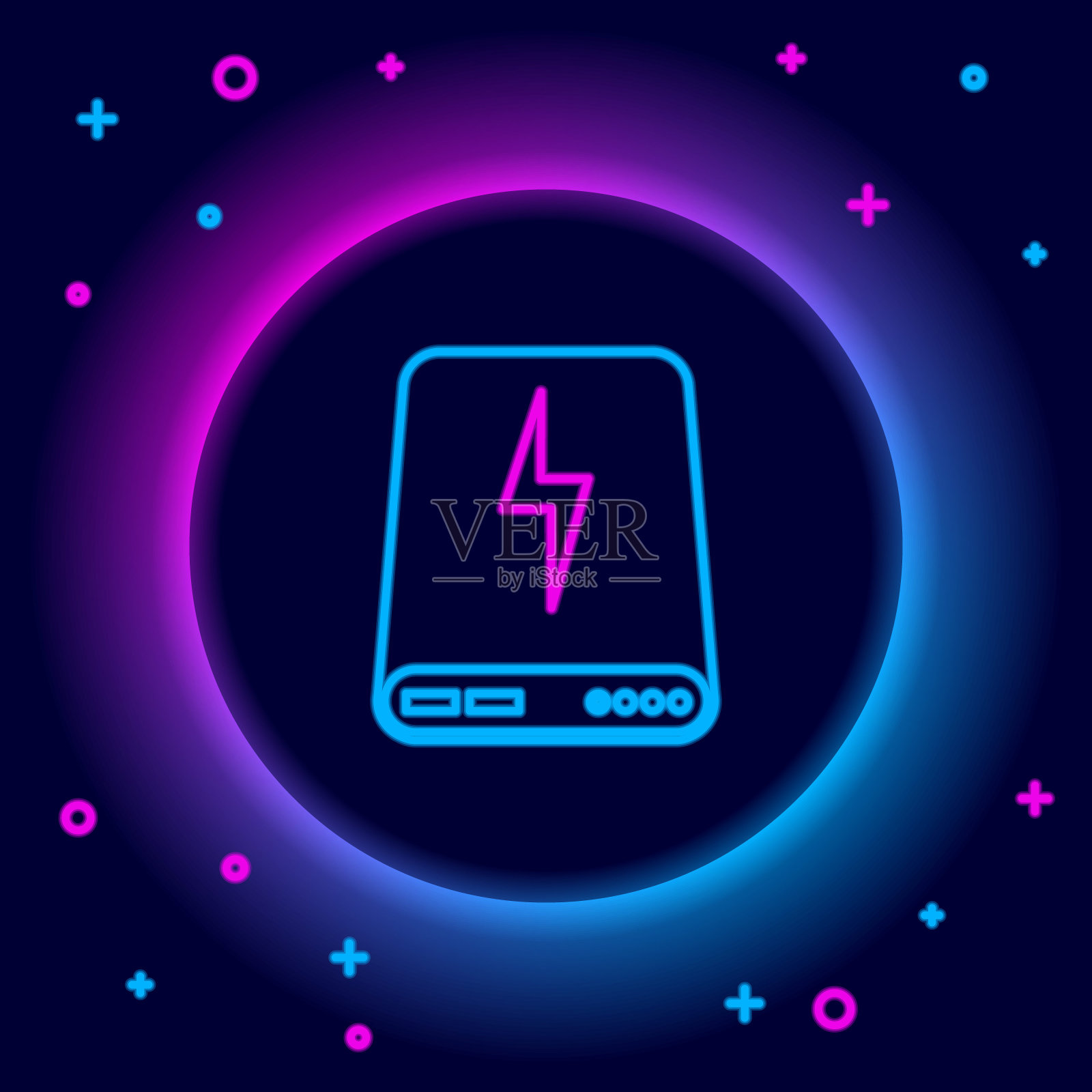 发光霓虹灯线充电宝与不同的充电电缆图标隔离在黑色背景。便携式充电装置。彩色轮廓概念。向量插画图片素材