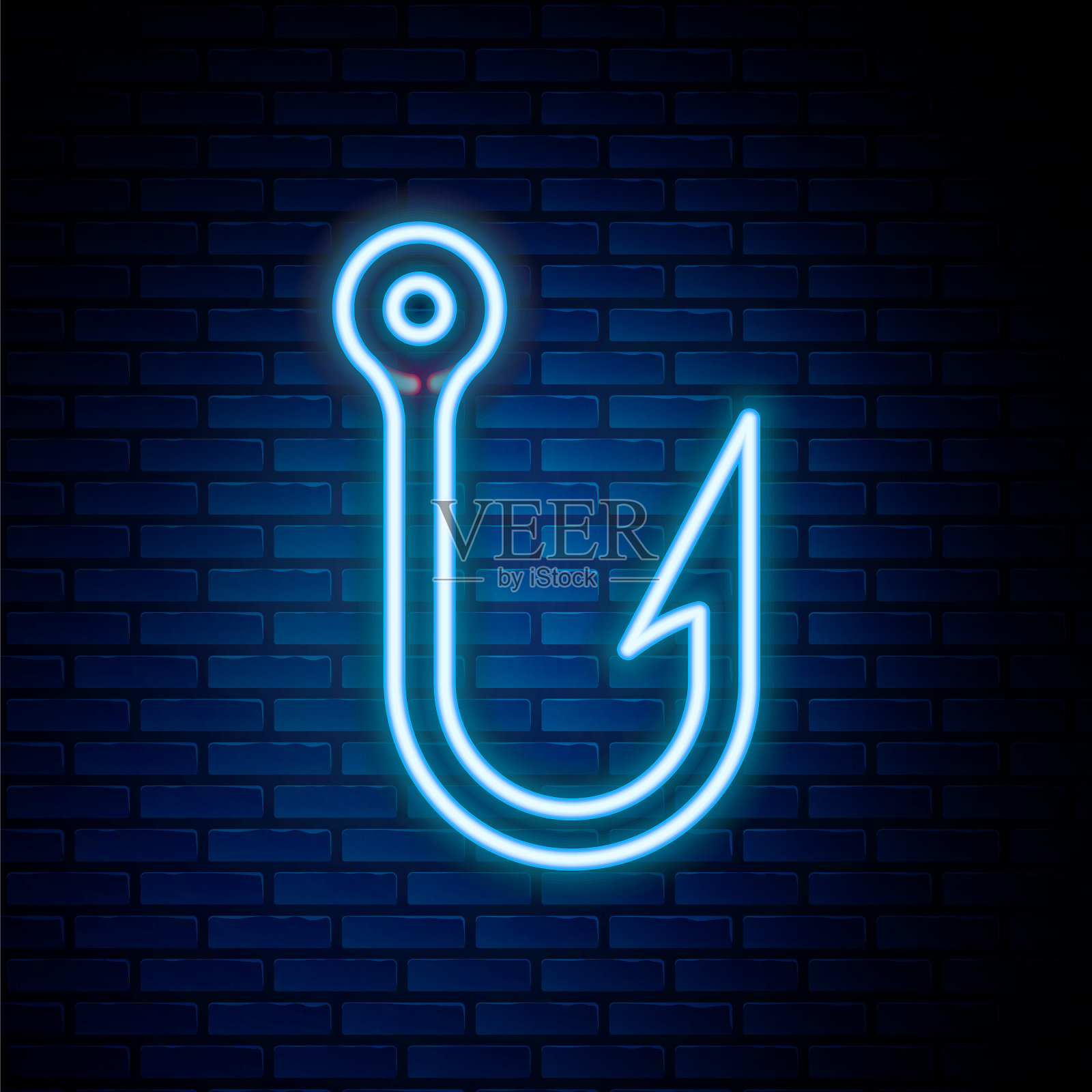 发光的霓虹灯线鱼钩图标隔离在砖墙背景。渔具。彩色轮廓概念。向量插画图片素材