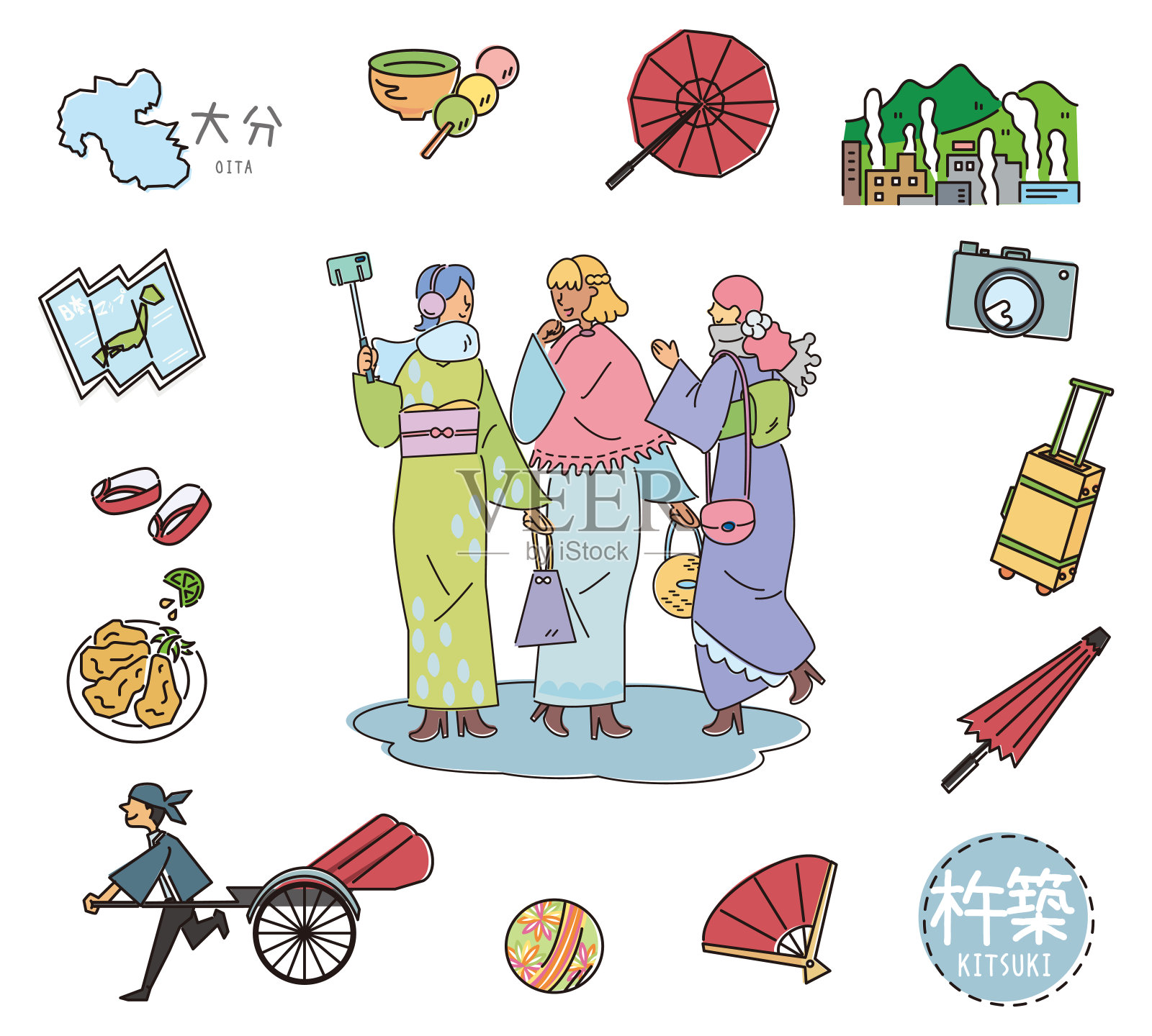 日本大分市Kitsuki著名观光标志和一群身穿和服的女性朋友(线条画)插画图片素材