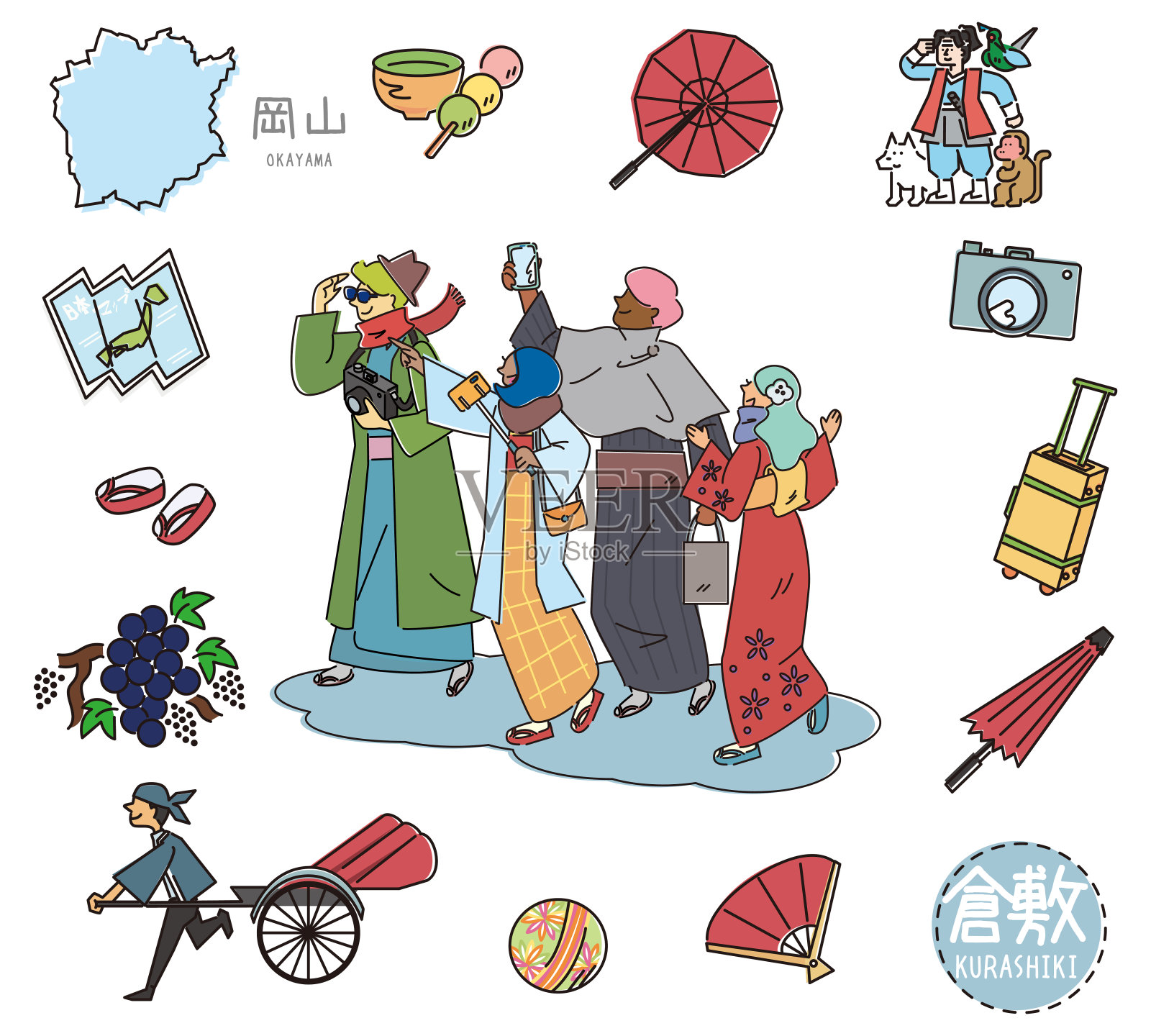日本冈山仓敷市,身穿和服和著名景点图标的外国游客组(线描)插画图片素材