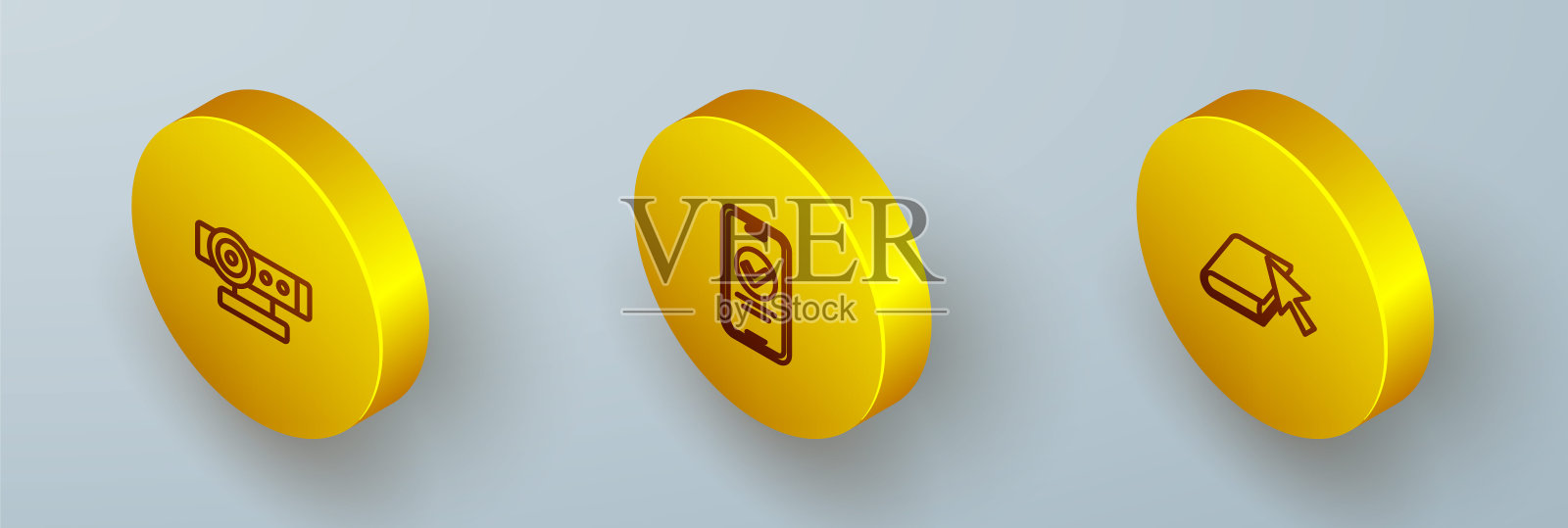 设置等距线网络摄像头,在线测验,测试,调查和书籍图标。向量图标素材