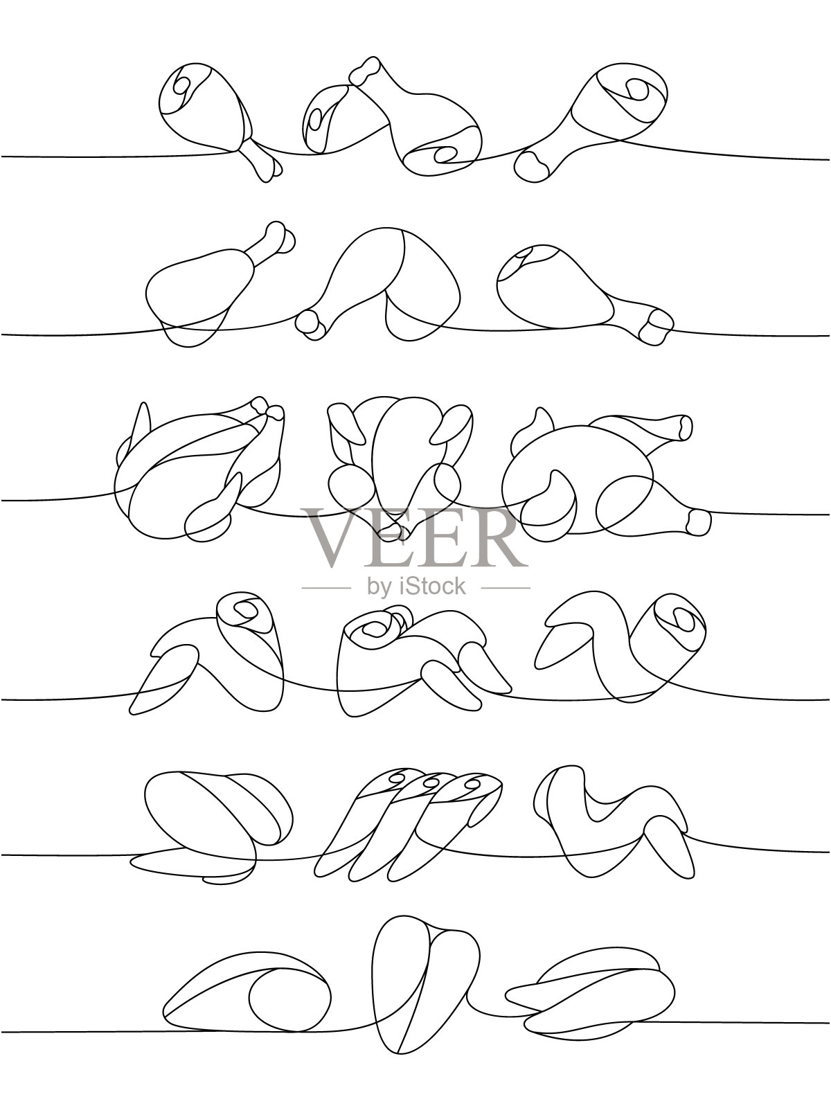 新鲜鸡肉一行连续拉丝。生鸡肉部分连续一行插图。矢量极简线性插图。插画图片素材