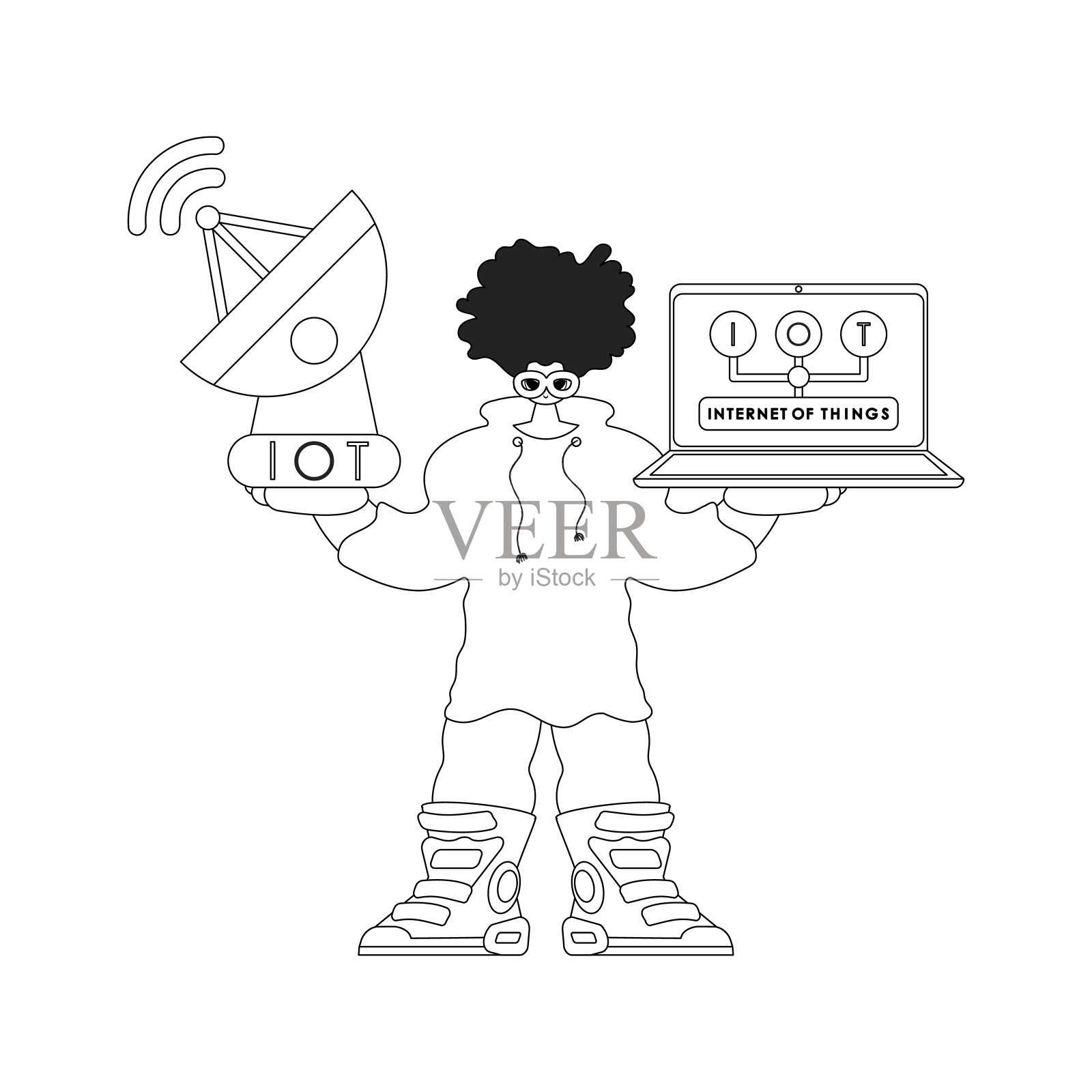 家伙拿着天线,笔记本电脑以矢量线性方式处理物联网数据插画图片素材