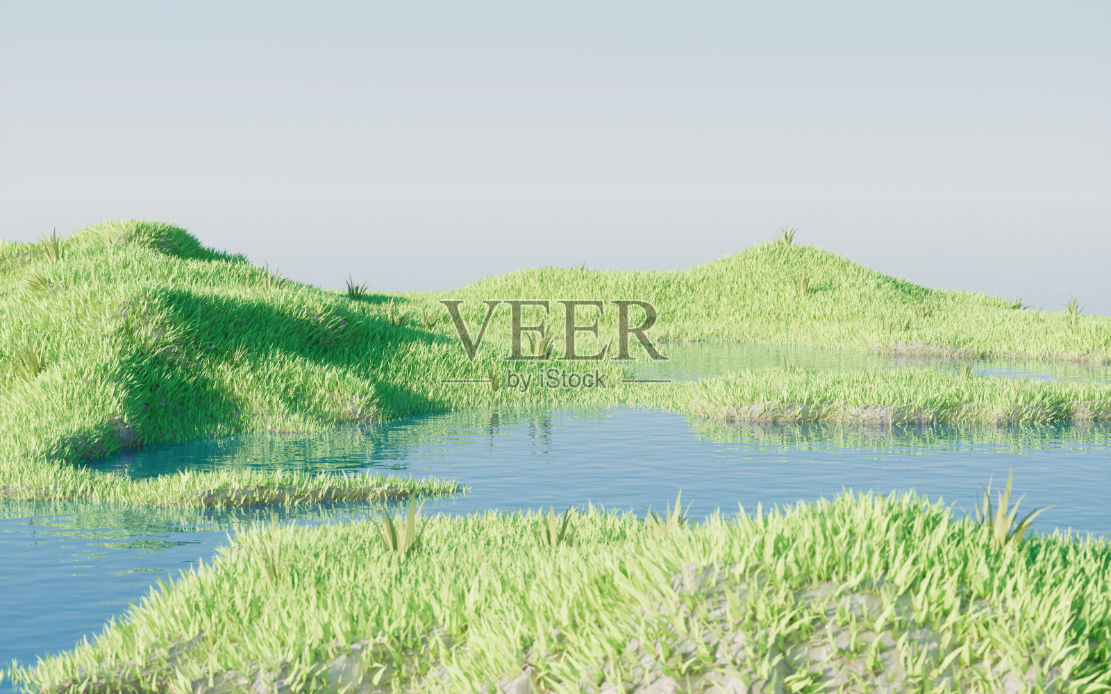 绿色草原带湖泊,三维渲染。照片摄影图片