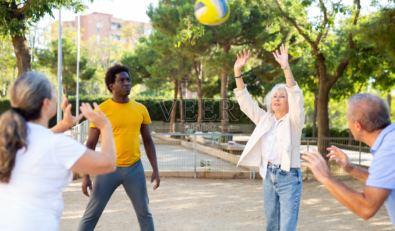 快乐的成年人在夏日公园打排球照片摄影图片