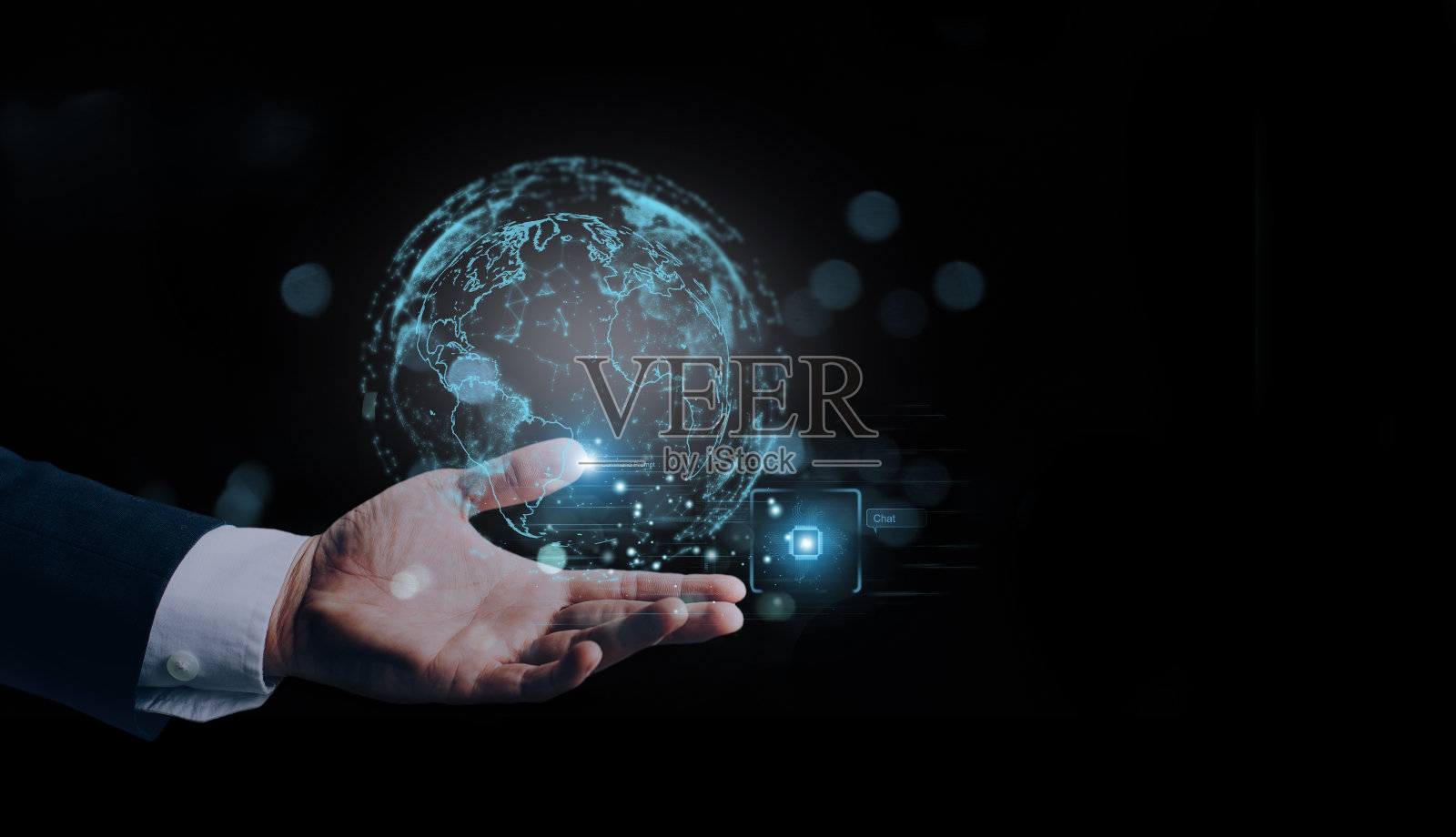 AI(人工智能)成长概念。商人手握全球全息影像技术。商业技术链接数字营销。大数据与金融银行。照片摄影图片