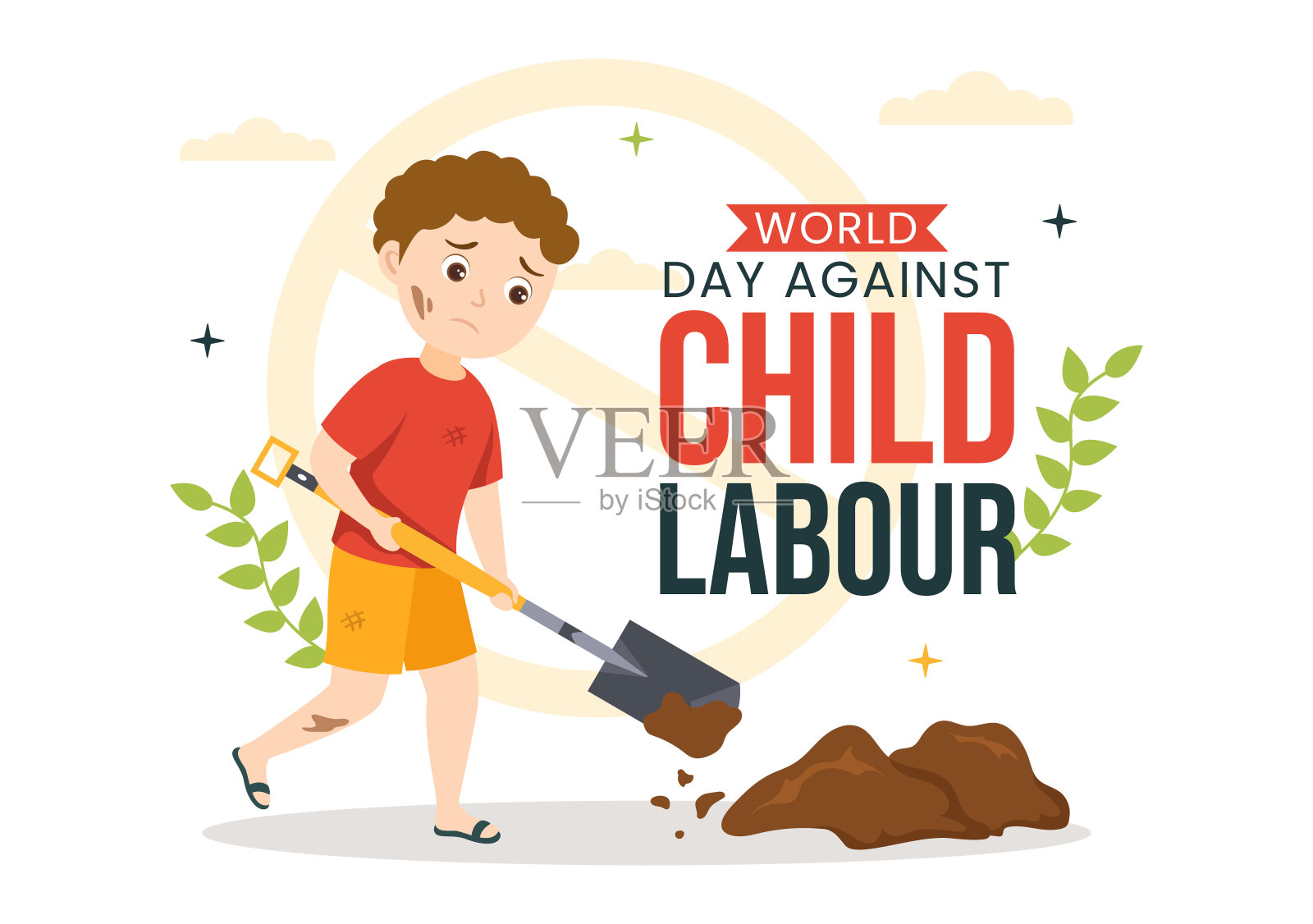 世界反童工日插图与儿童为生活必需品工作在平面儿童卡通手绘的活动模板插画图片素材