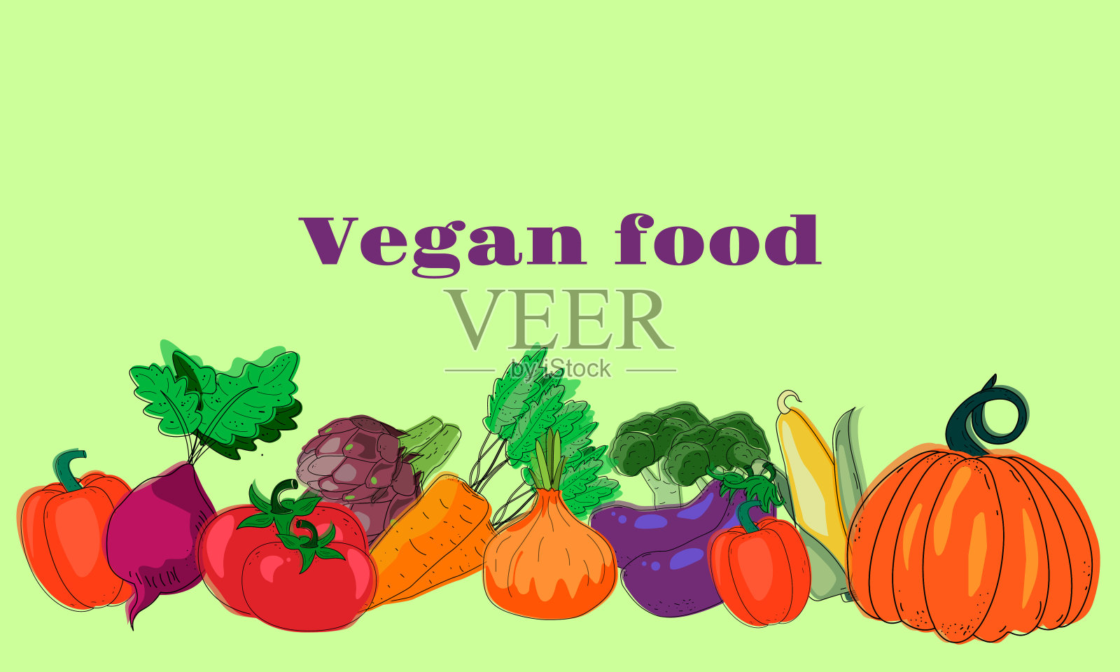 收集彩色手绘新鲜美味的蔬菜孤立在绿色背景。素食。插画图片素材