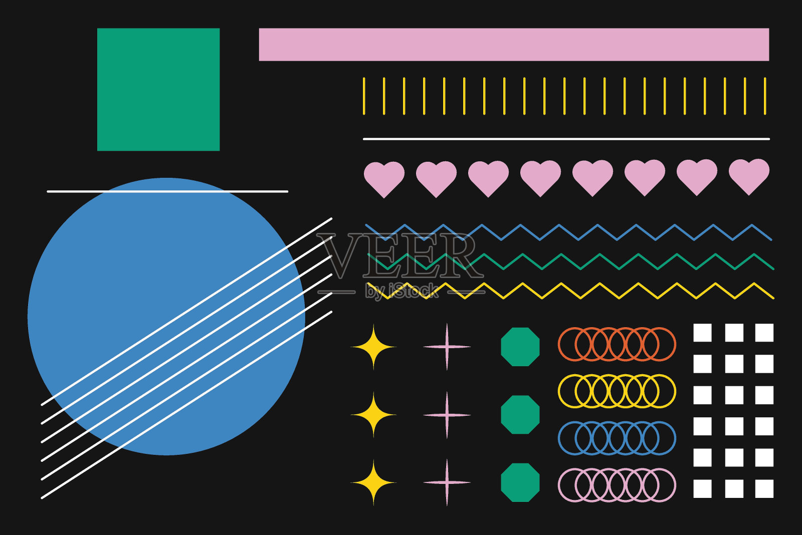 一套抽象的几何形状在沟槽风格。矢量插图与波浪几何元素。审美兽性。插画图片素材