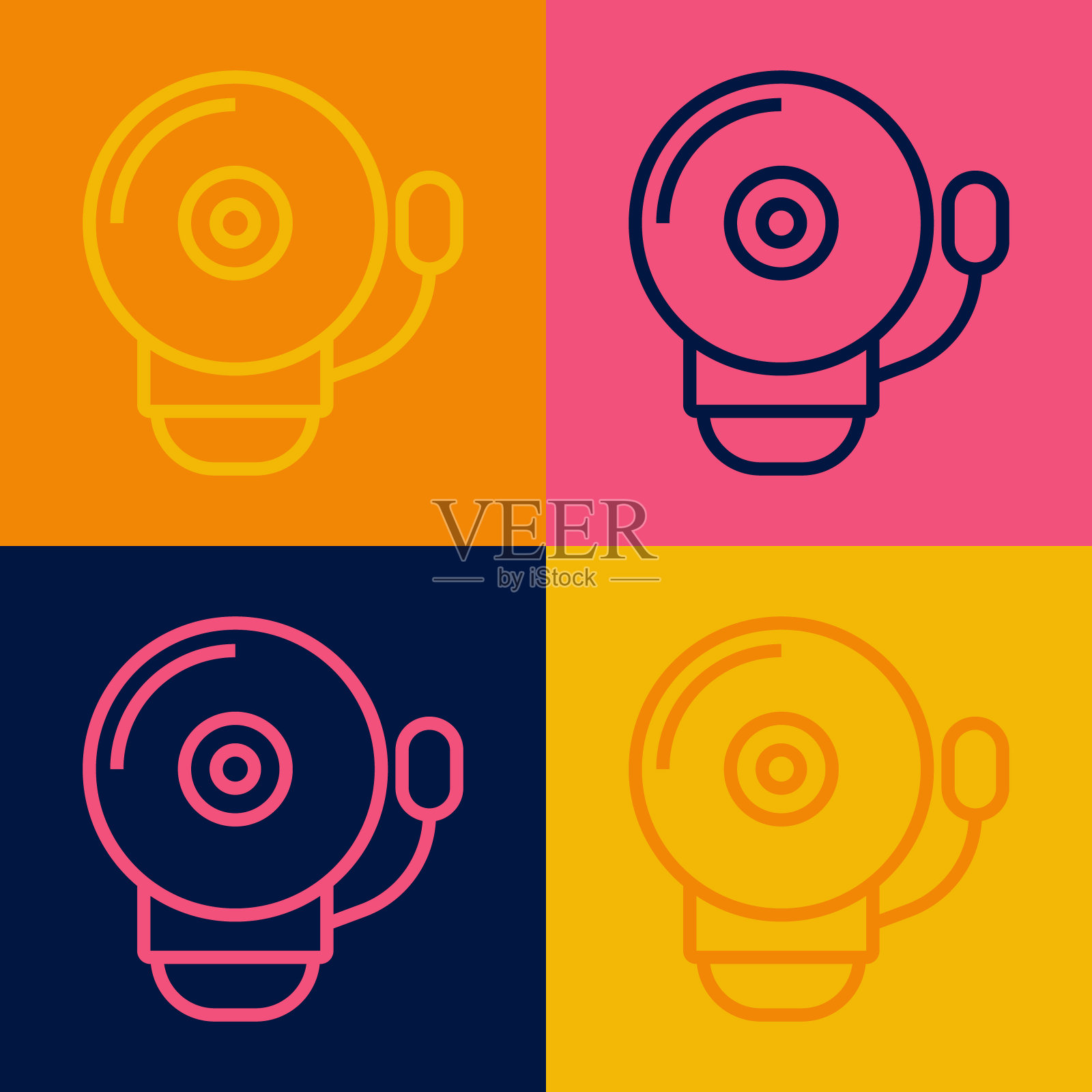 流行艺术线铃声图标孤立的颜色背景。火灾报警系统。服务铃,手铃标志,通知符号。向量插画图片素材