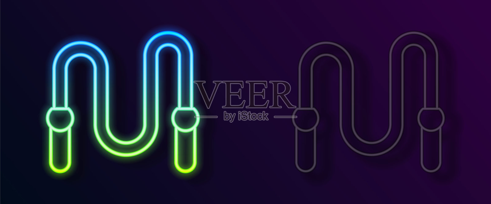 发光的霓虹灯线跳绳图标隔离在黑色背景上。跳绳。运动设备。向量插画图片素材