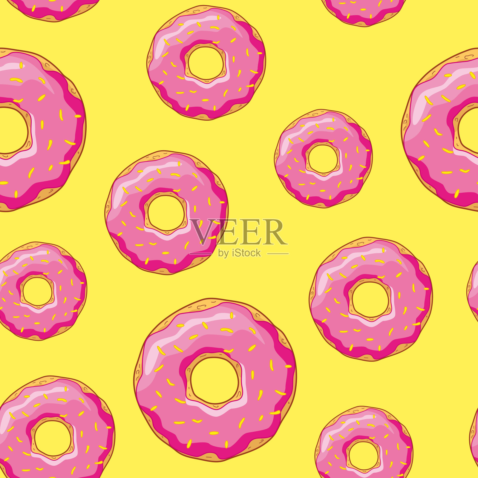 无缝背景与甜甜圈与粉红色釉在黄色背景。插画图片素材