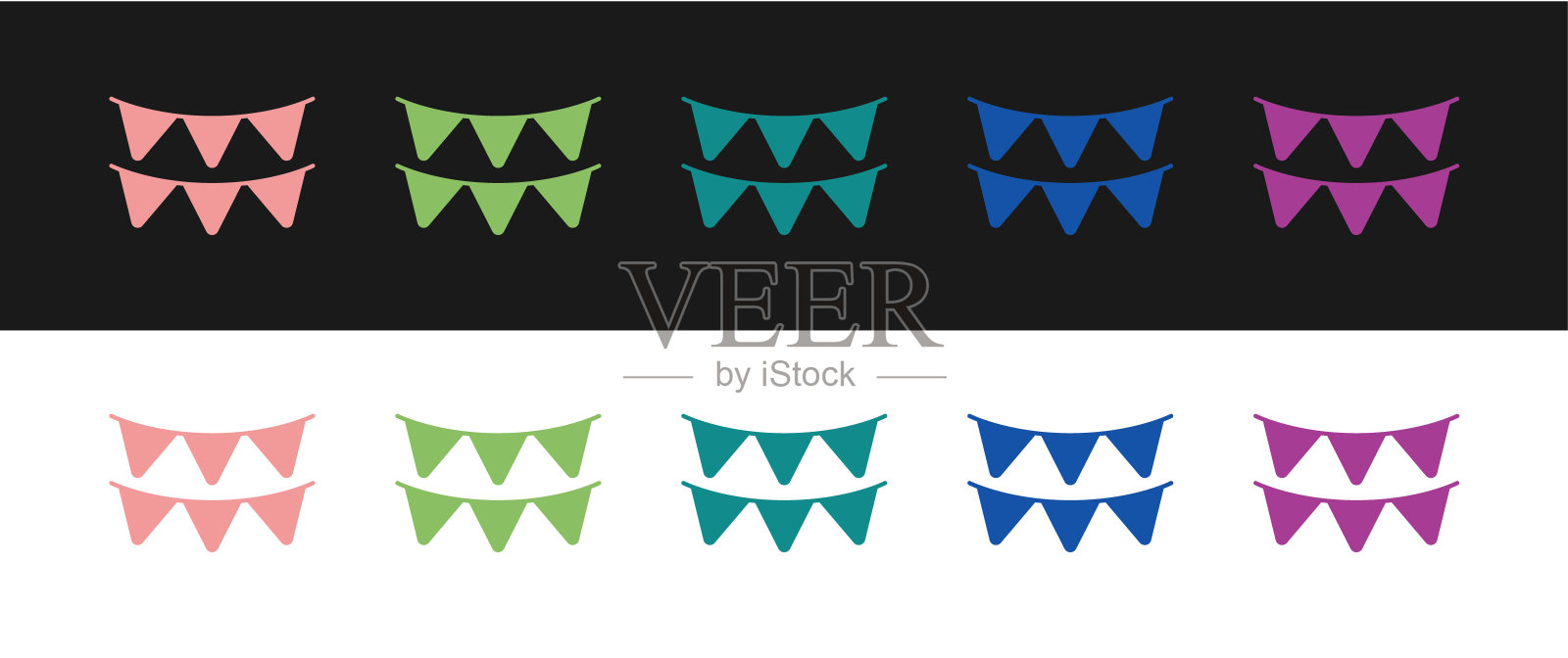 集嘉年华花环与旗帜图标隔离在黑白背景上。晚会用锦旗庆祝生日,节日装饰。向量图标素材