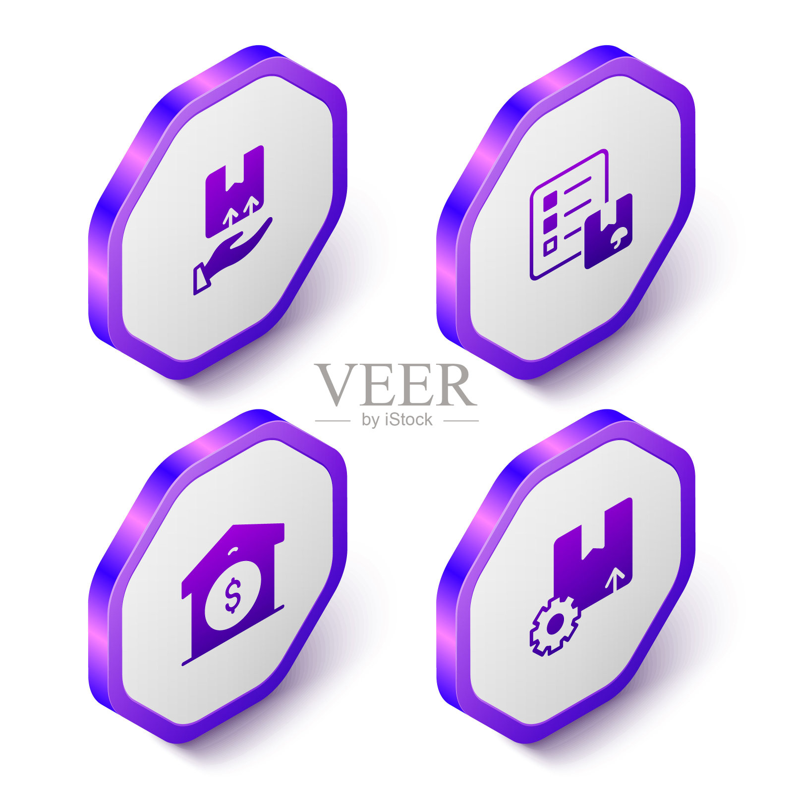 设置等距交货手与箱子,验证送货清单,仓库价格和齿轮包装图标。紫色六角形扣子。向量图标素材