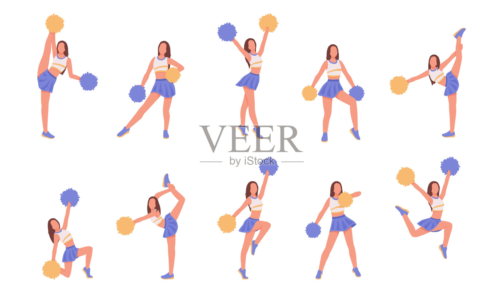 一套年轻啦啦队长的卡通人物在行动插画图片素材