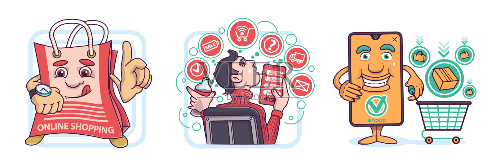 一组有趣的卡通人物做移动网上购物插画图片素材