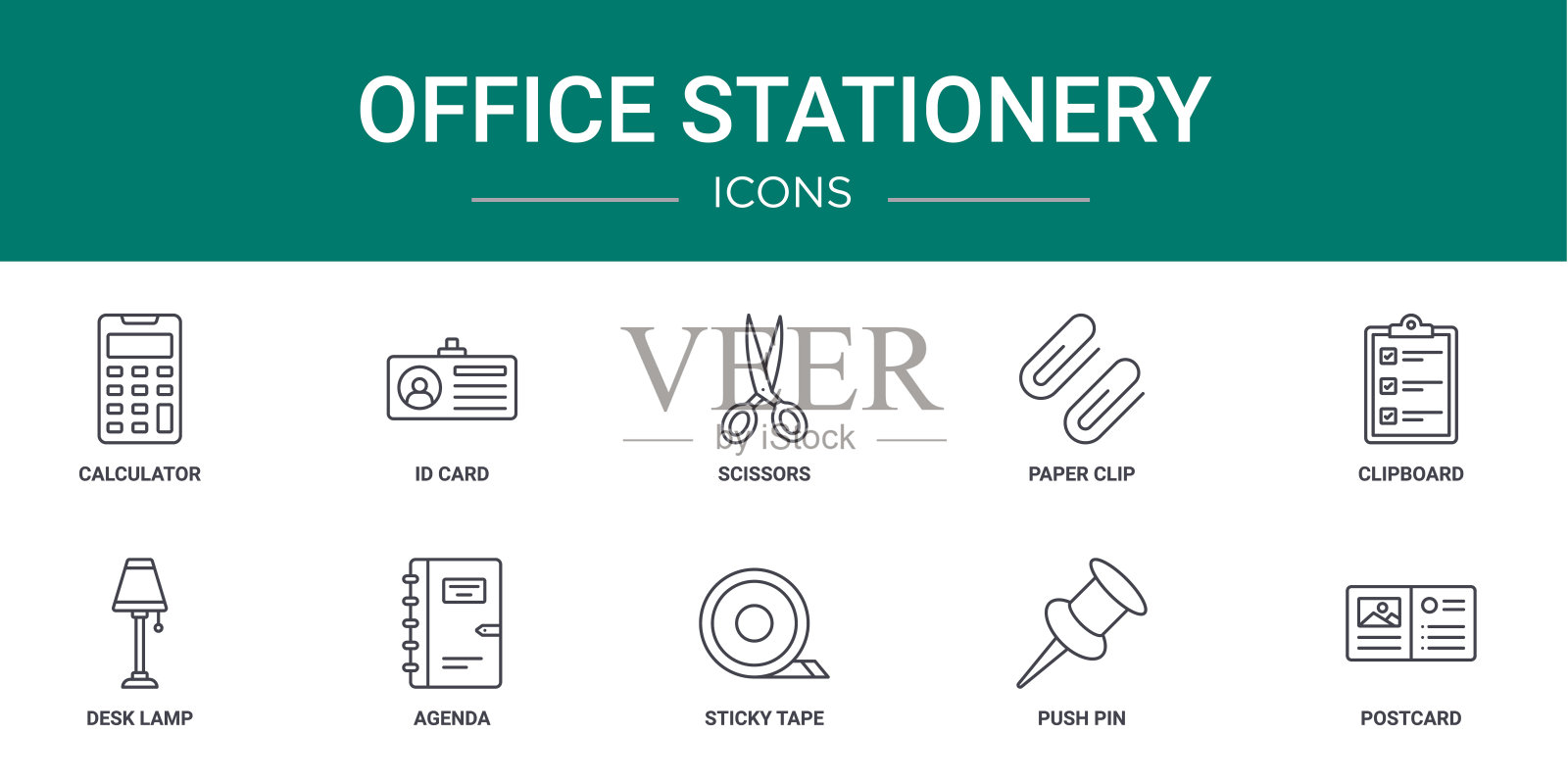 10个大纲网络办公文具图标,如计算器,身份证,剪刀,回形针,剪贴板,台灯,议程矢量图标的报告,演示文稿,图表,网页设计,移动应用程序图标素材