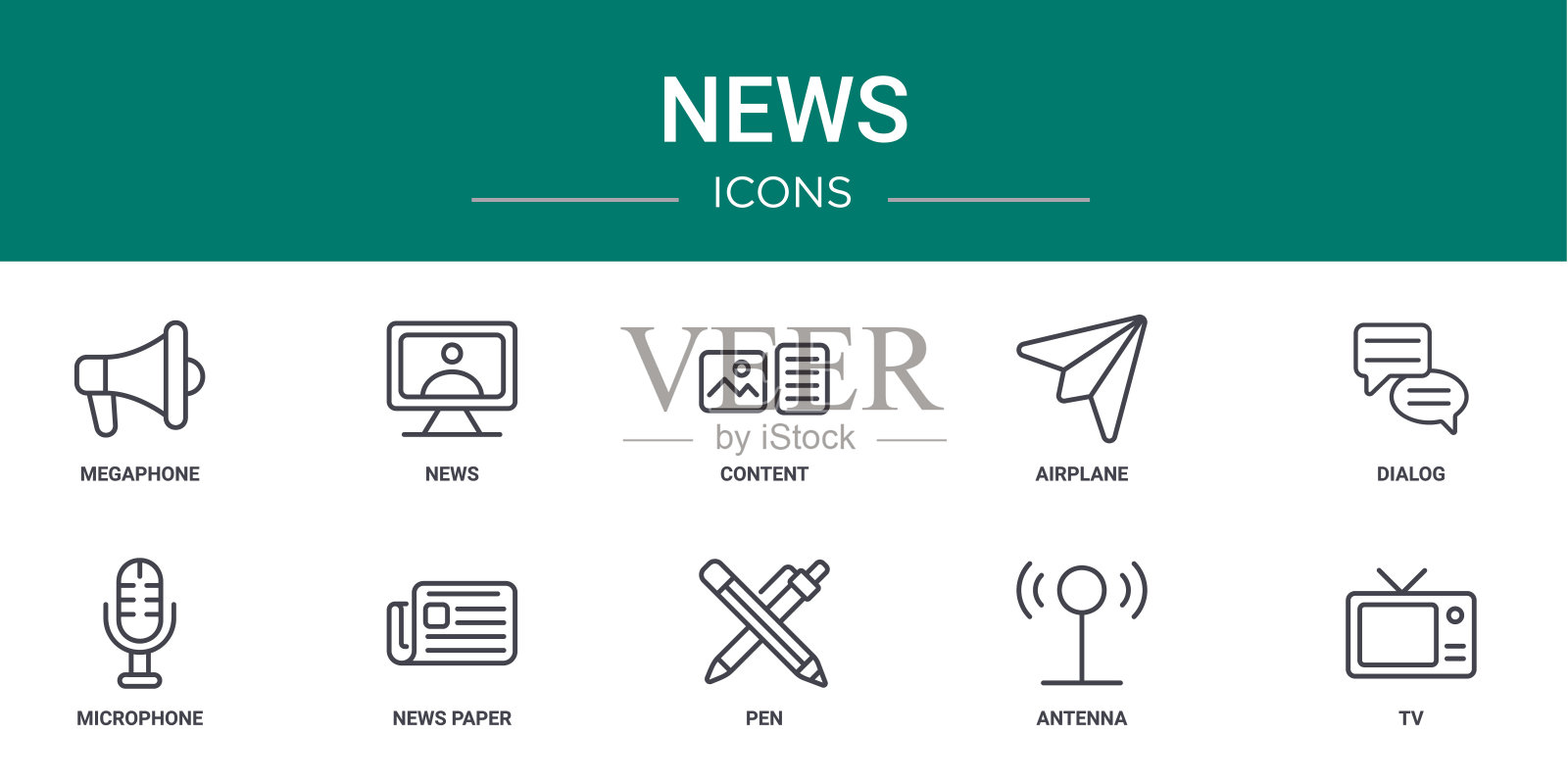 10个大纲网络新闻图标,如扩音器,新闻,内容,飞机,对话,麦克风,新闻报纸矢量图标的报告,演示,图表,网页设计,移动应用程序图标素材