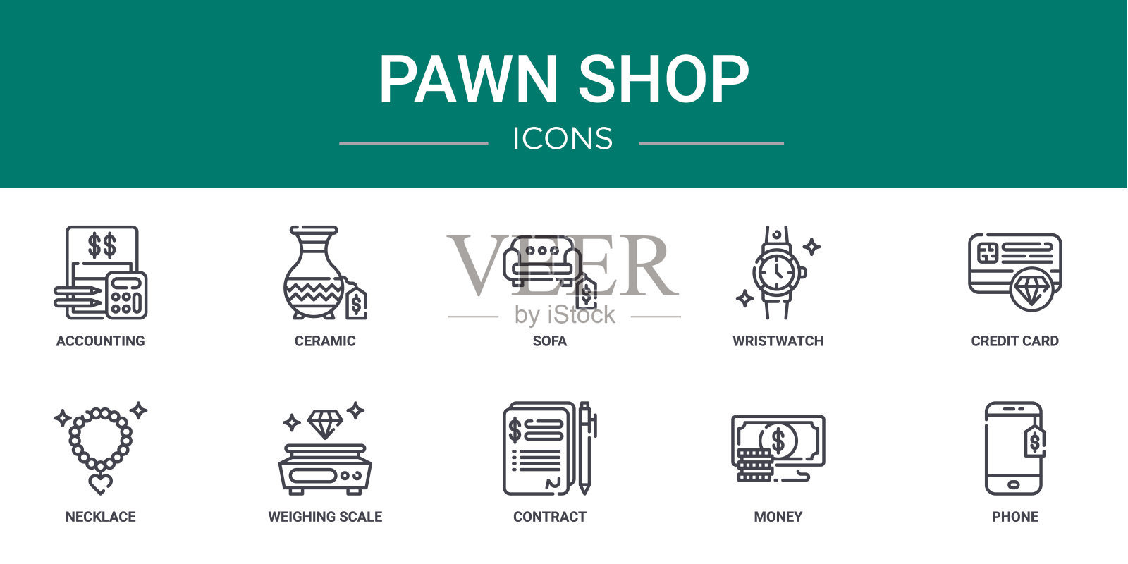 10个大纲网络典当店图标,如会计,陶瓷,沙发,手表,信用卡,项链,称重秤矢量图标报告,演示,图表,网页设计,移动应用程序图标素材