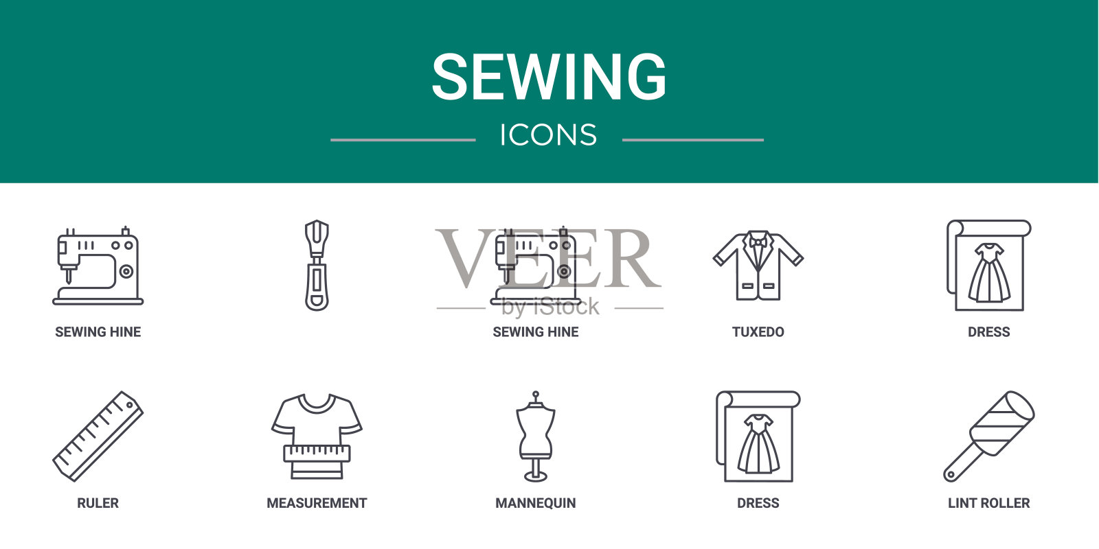 10个轮廓网缝纫图标,如缝纫海恩,,缝制海恩,燕尾服,礼服,尺,测量矢量图标的报告,演示,图表,网页设计,移动应用程序图标素材