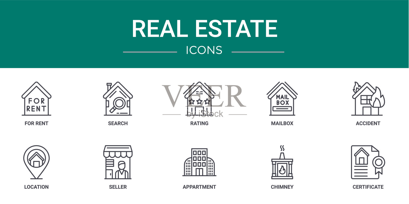 10个大纲网页房地产图标,如出租,搜索,评级,邮箱,事故,位置,卖家矢量图标的报告,演示,图表,网页设计,移动应用程序图标素材