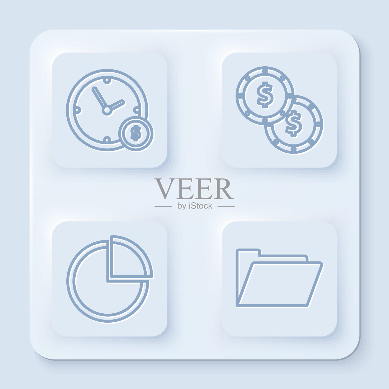 设置线时间是金钱,硬币金钱与美元符号,饼图信息图表和文件文件夹。白色方形按钮。向量插画图片素材