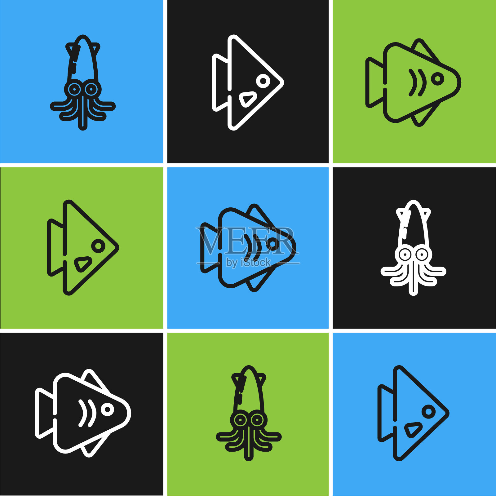 设置线章鱼,鱼和图标。向量图标素材