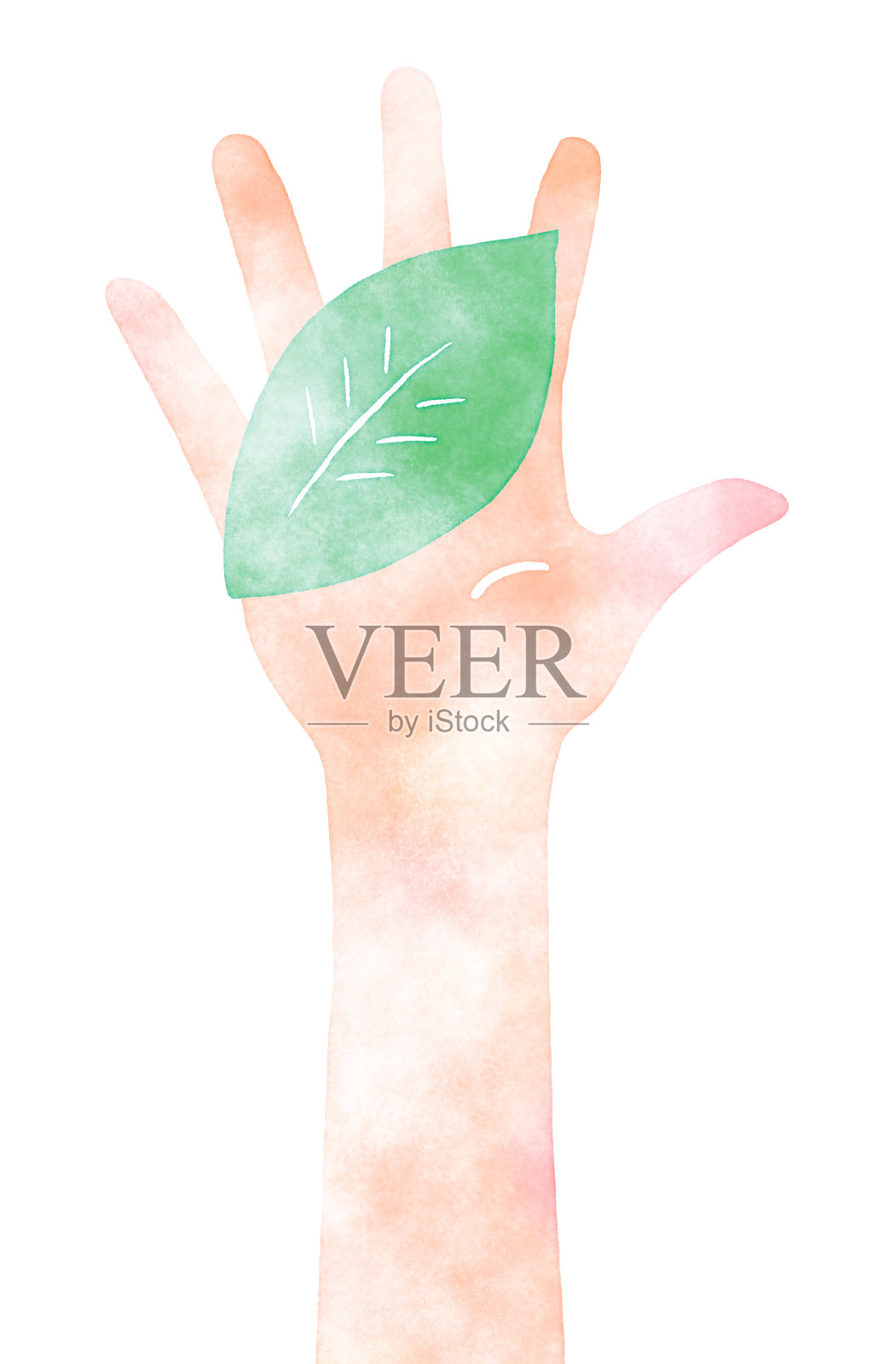 手握一片绿叶,水彩质感插画图片素材