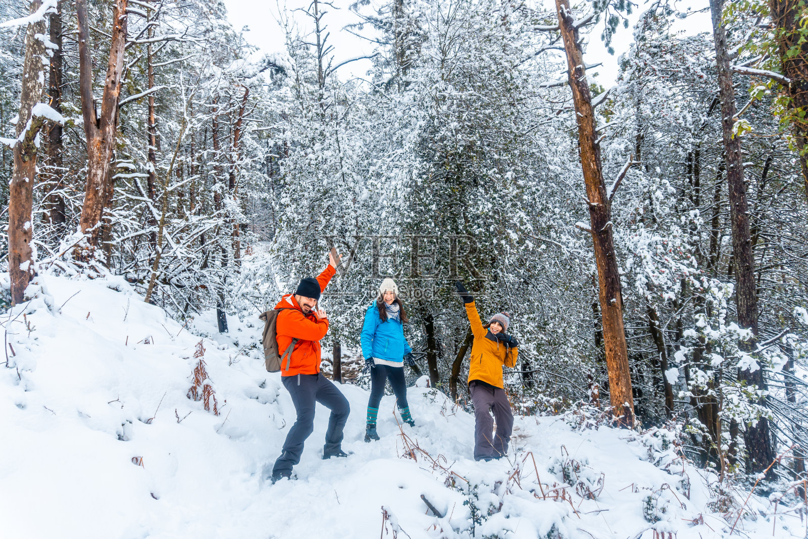 年轻人在西班牙阿蒂库扎自然公园的雪林中享受冬天照片摄影图片