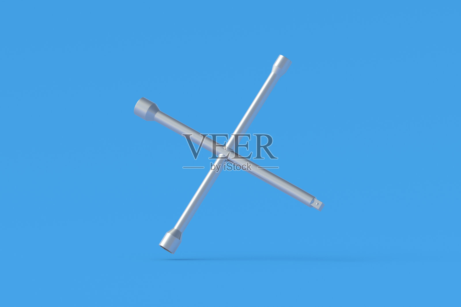 落在蓝色背景的十字轮扳手。汽车仪表。汽车轮胎配件。三维渲染照片摄影图片