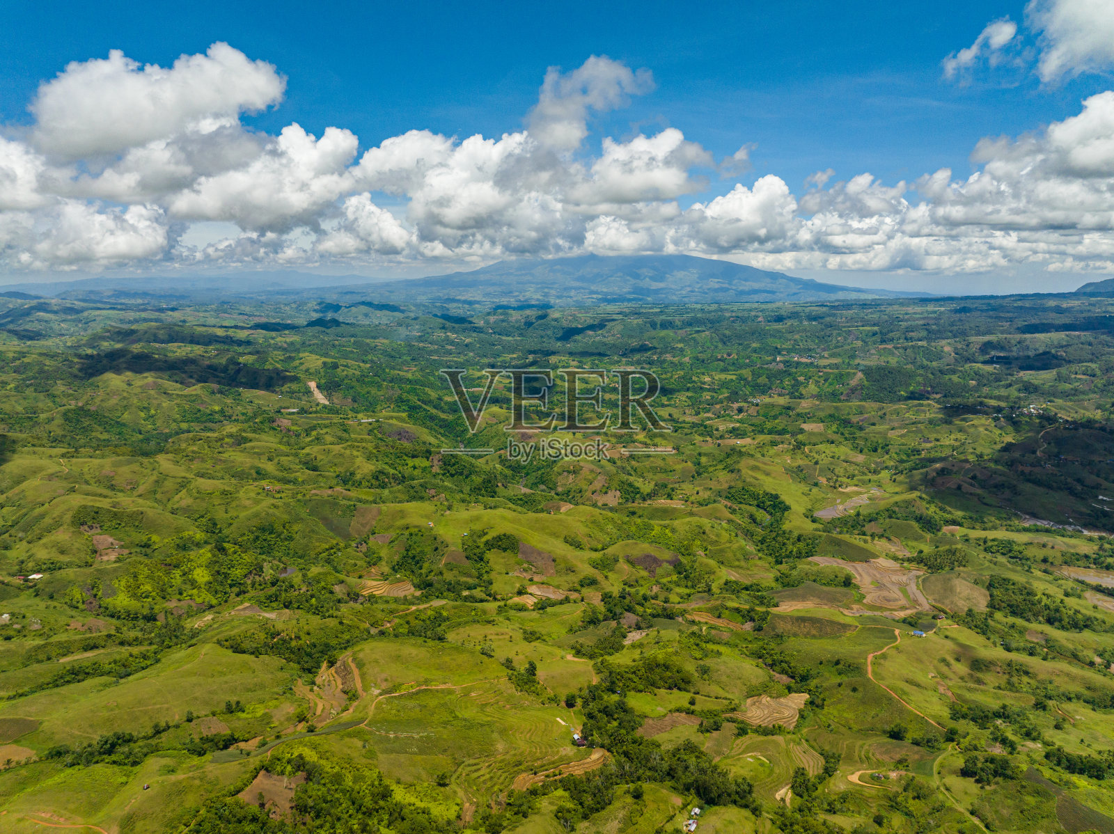 有青山绿林和农田。照片摄影图片