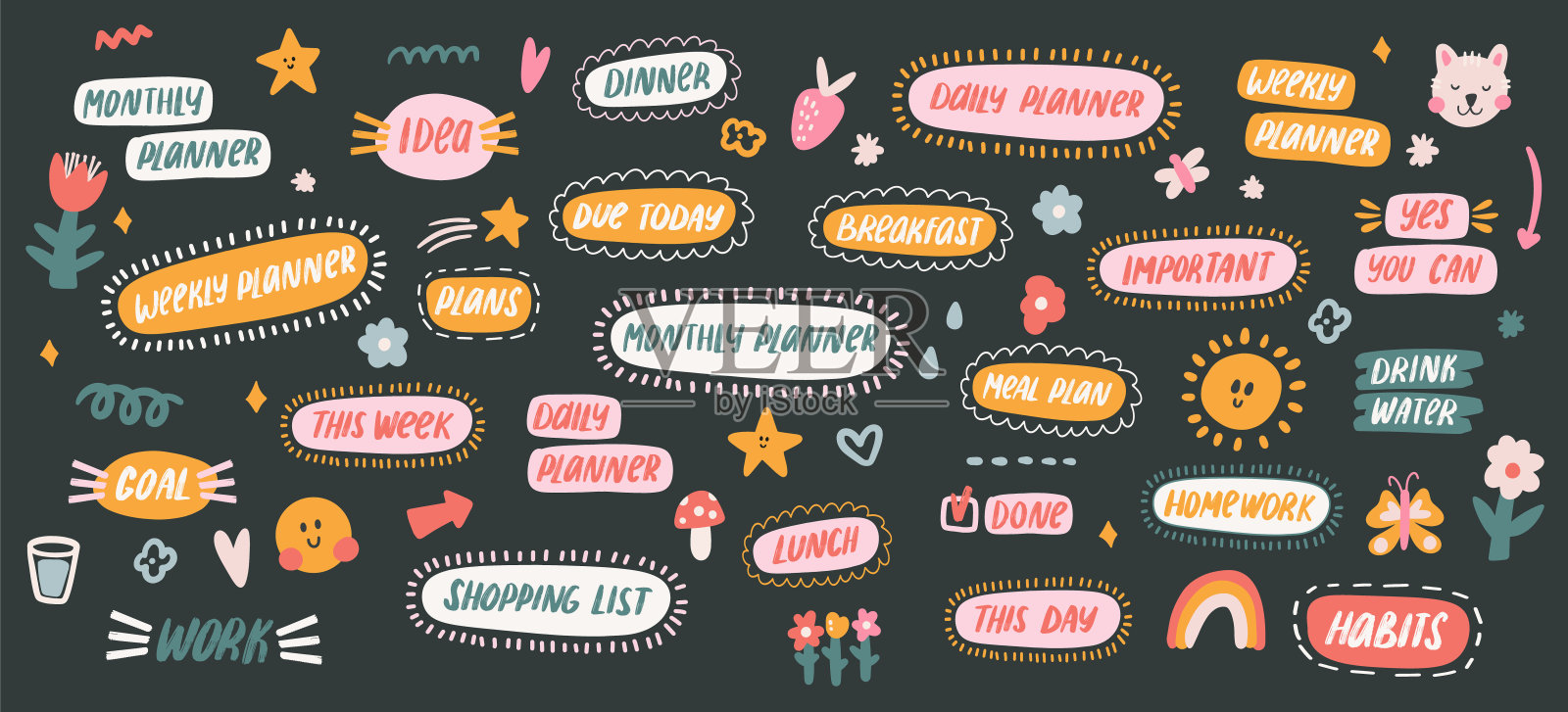 卡哇伊字体贴纸每日和每周计划。可爱的元素与字母,动机报价调度或组织者插画图片素材