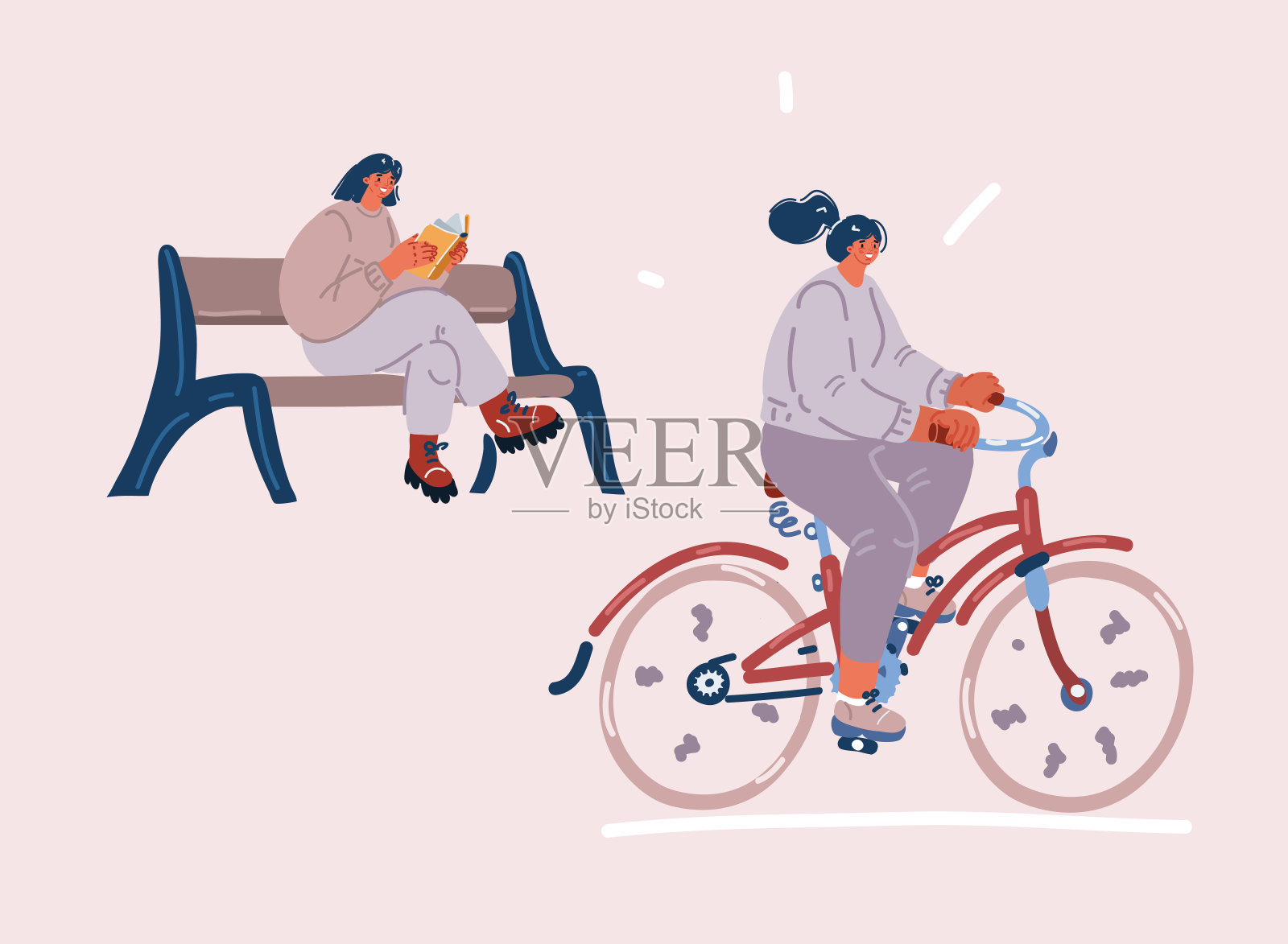 女性骑自行车和坐板凳的矢量插图插画图片素材