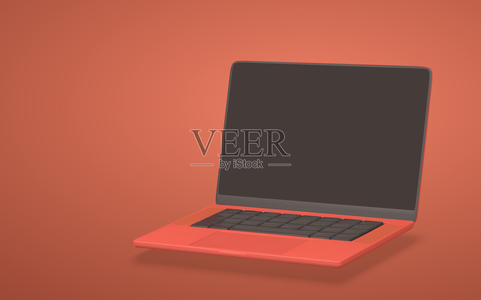 三维现实笔记本电脑,红色背景的空白屏幕。矢量图插画图片素材