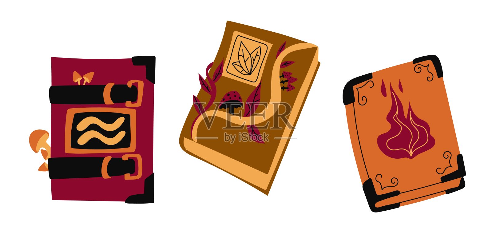 占星术的魔法书,女巫的魔法纹身,咒语和巫术的书。手绘纹身在波西米亚设计,矢量插图孤立在白色背景。插画图片素材