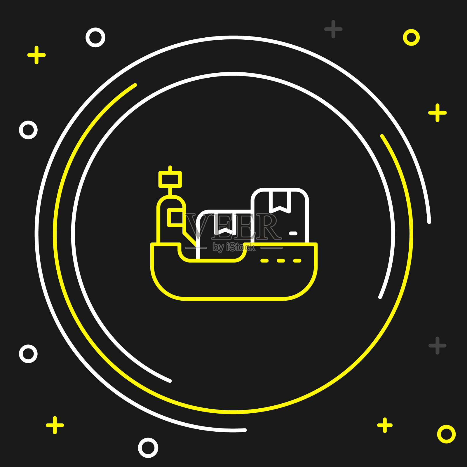 线货轮与箱子交付服务图标隔离在黑色背景。交货,运输。装有包裹、箱子、货物的货轮。彩色轮廓概念。向量插画图片素材