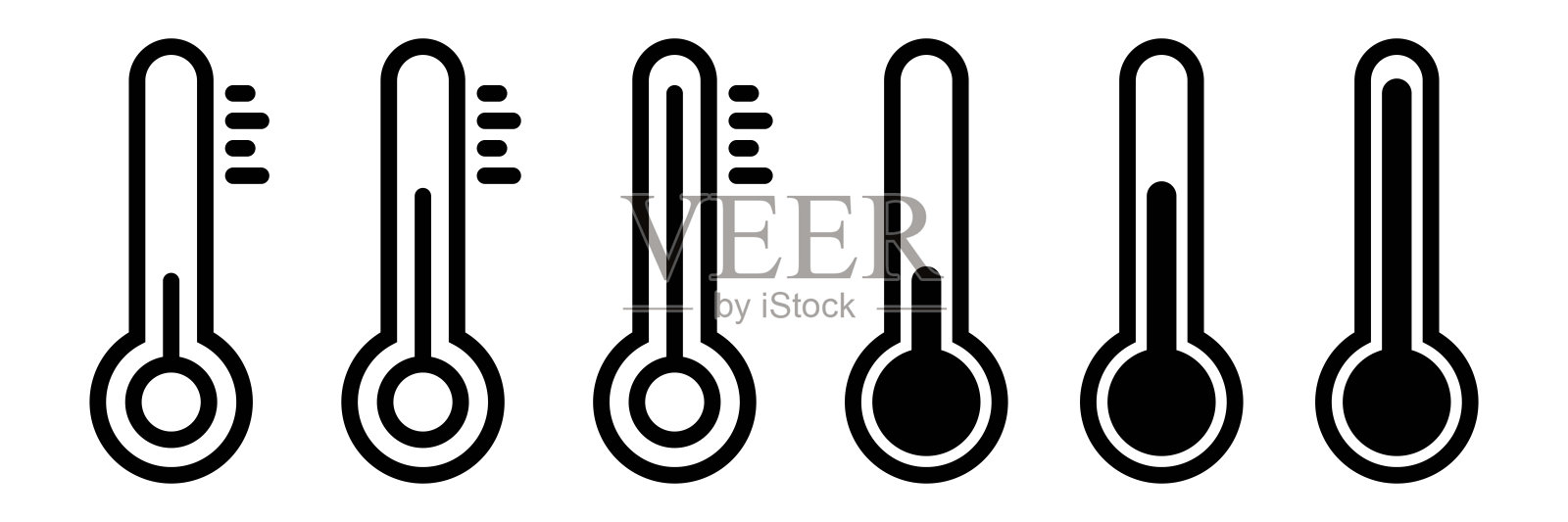 温度图标设置。温度计的象征。勾勒温度符号。温度计图标刻度。黑色温度计标志。股票矢量图图标素材
