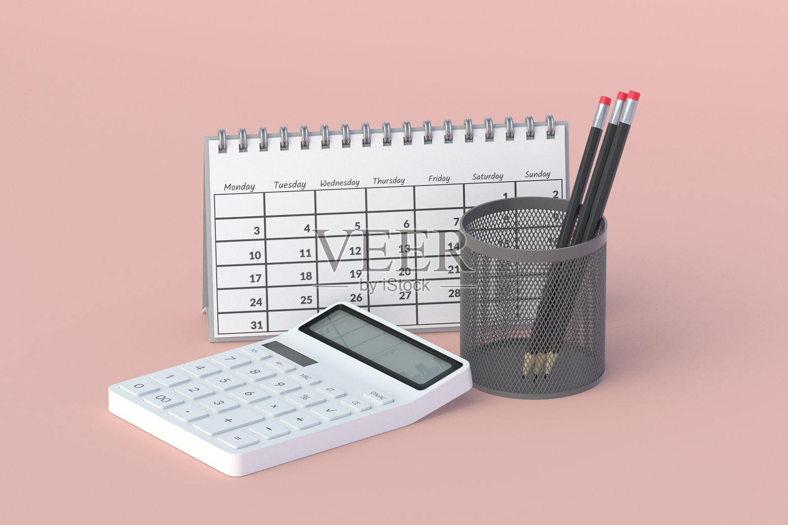计算器,日历和铅笔。回到学校的概念。办公用品。金融危机。家,家庭预算。高等教育。三维渲染照片摄影图片