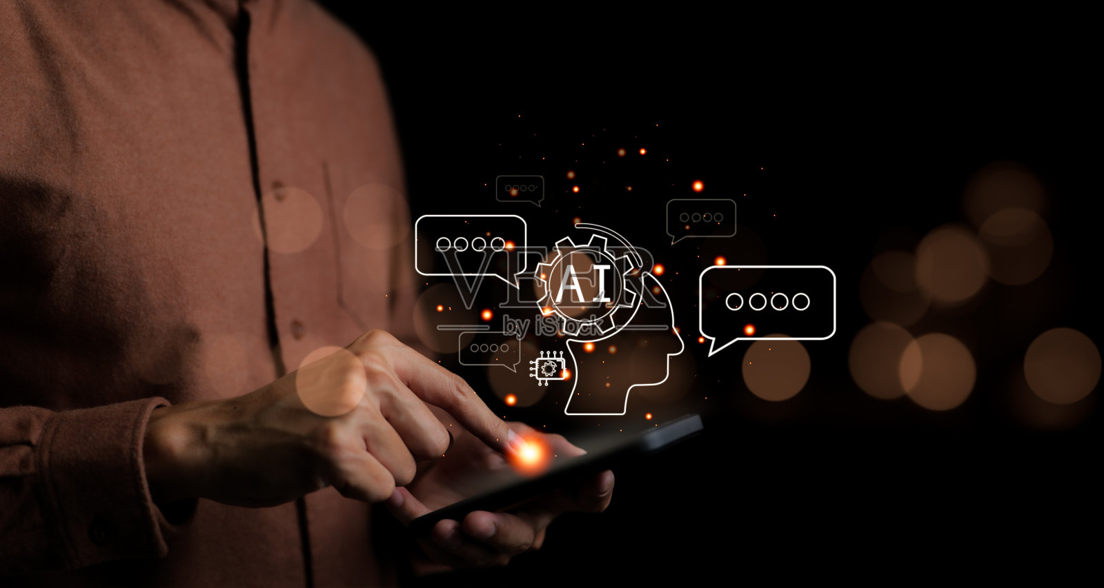 与AI聊天,人工智能。人类利用AI技术智能机器人,人工智能通过输入命令提示符进行生成,聊天机器人,未来技术转型。照片摄影图片