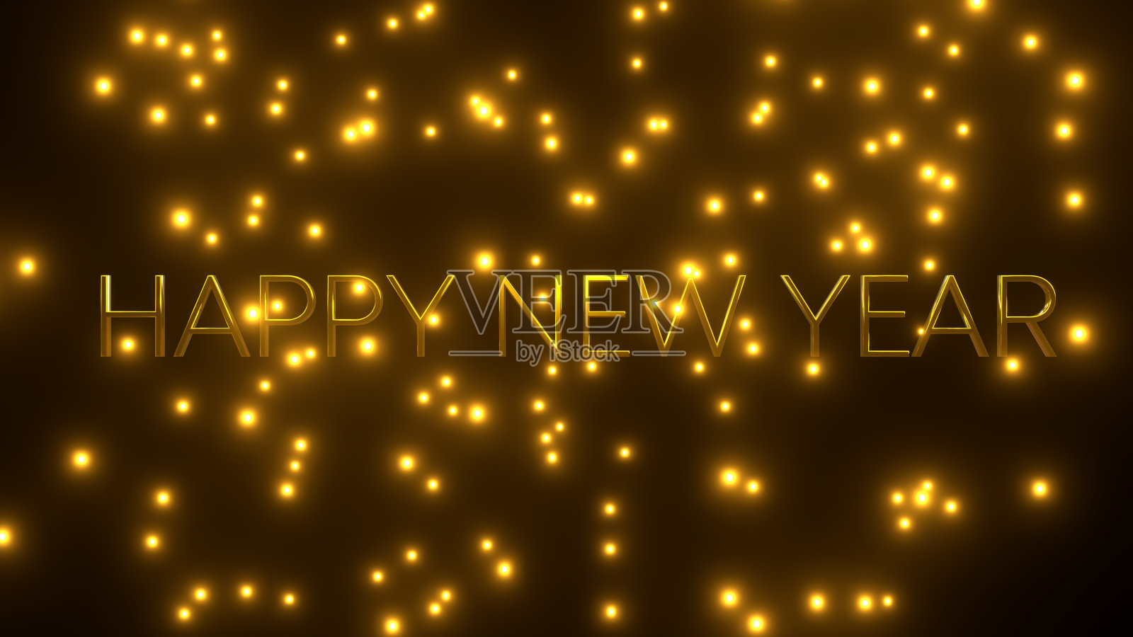 新年快乐,金色的颗粒落在黑色的背景上。照片摄影图片