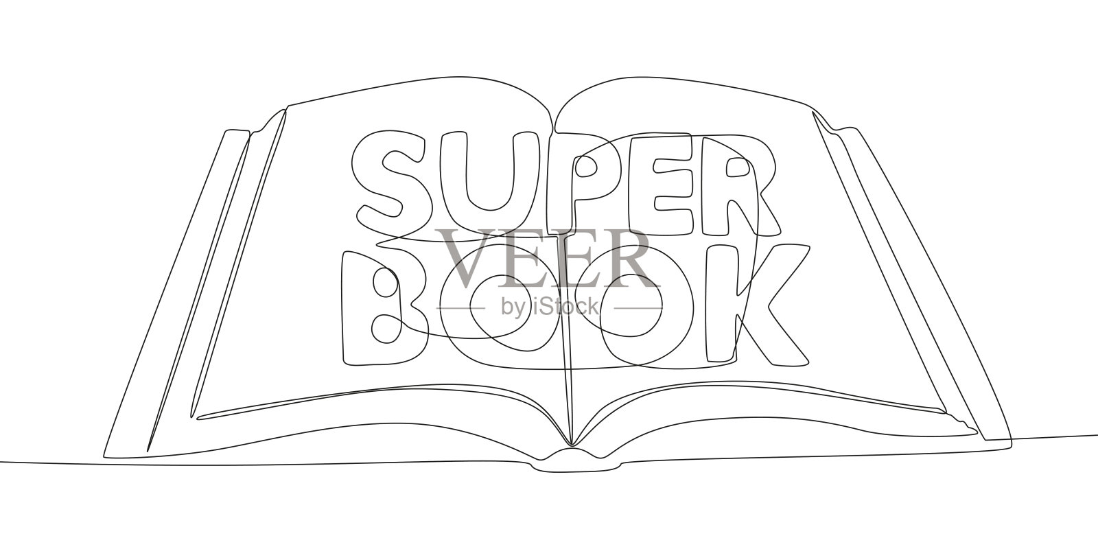 一个连续的行打开书与超级书字。细线插图矢量概念。轮廓图创意。插画图片素材