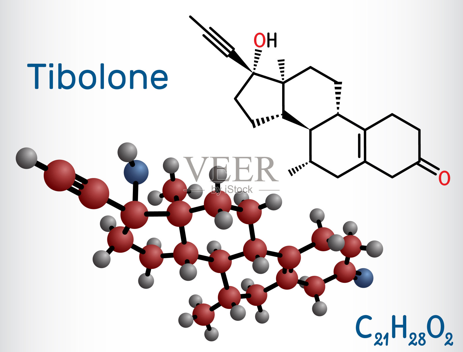 Tibolone分子。它是合成代谢类固醇激素药物,合成雌激素,用于治疗更年期症状,骨质疏松症。结构化学式,分子模型。插画图片素材