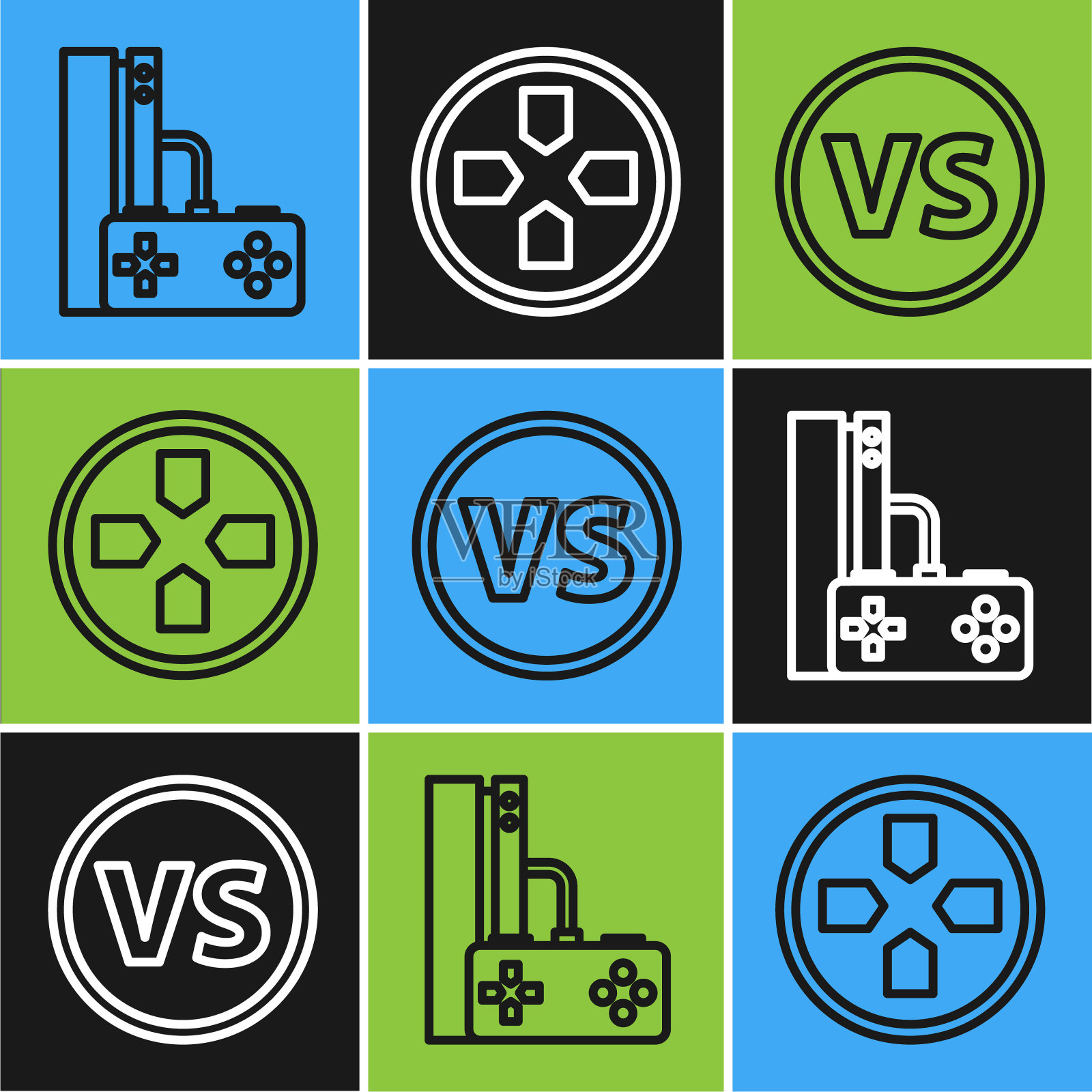 设置线游戏控制台与操纵杆,VS对战和手柄图标。向量插画图片素材
