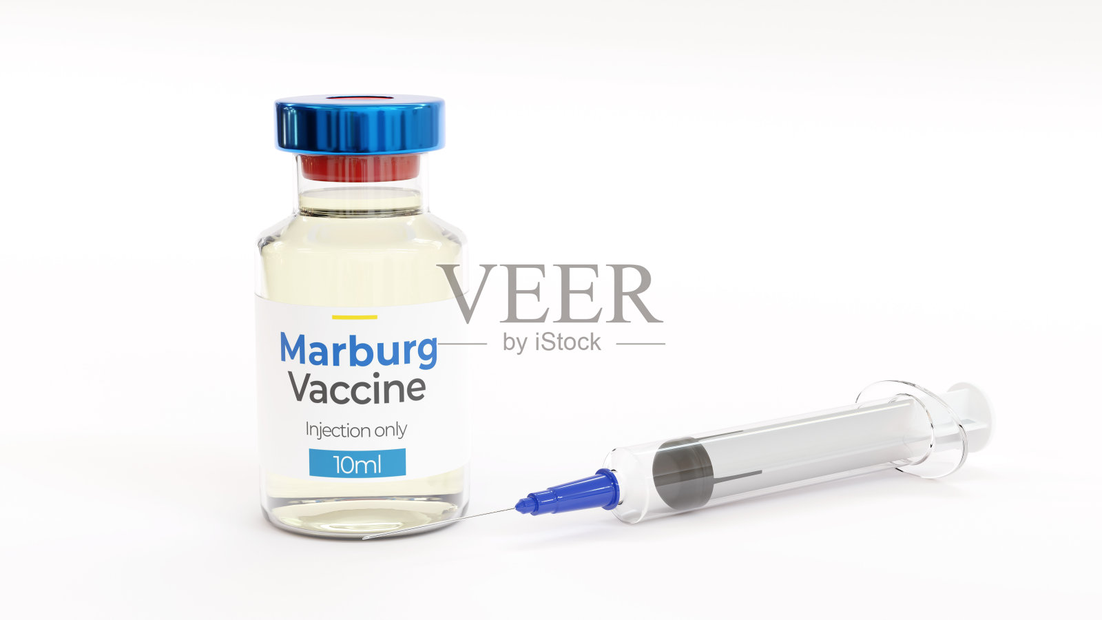 马尔堡病毒(MARV)疫苗瓶及带针注射器。白色背景的3d插图。照片摄影图片
