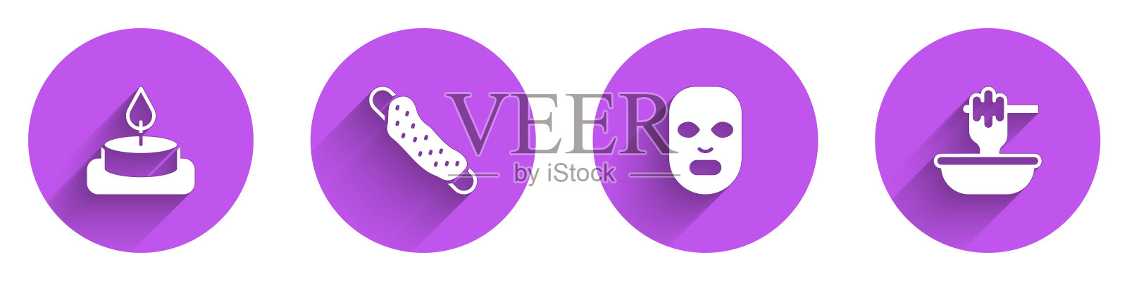 设置香薰蜡烛,毛巾,面部美容面膜和蜂蜜勺棒与碗图标长阴影。向量插画图片素材