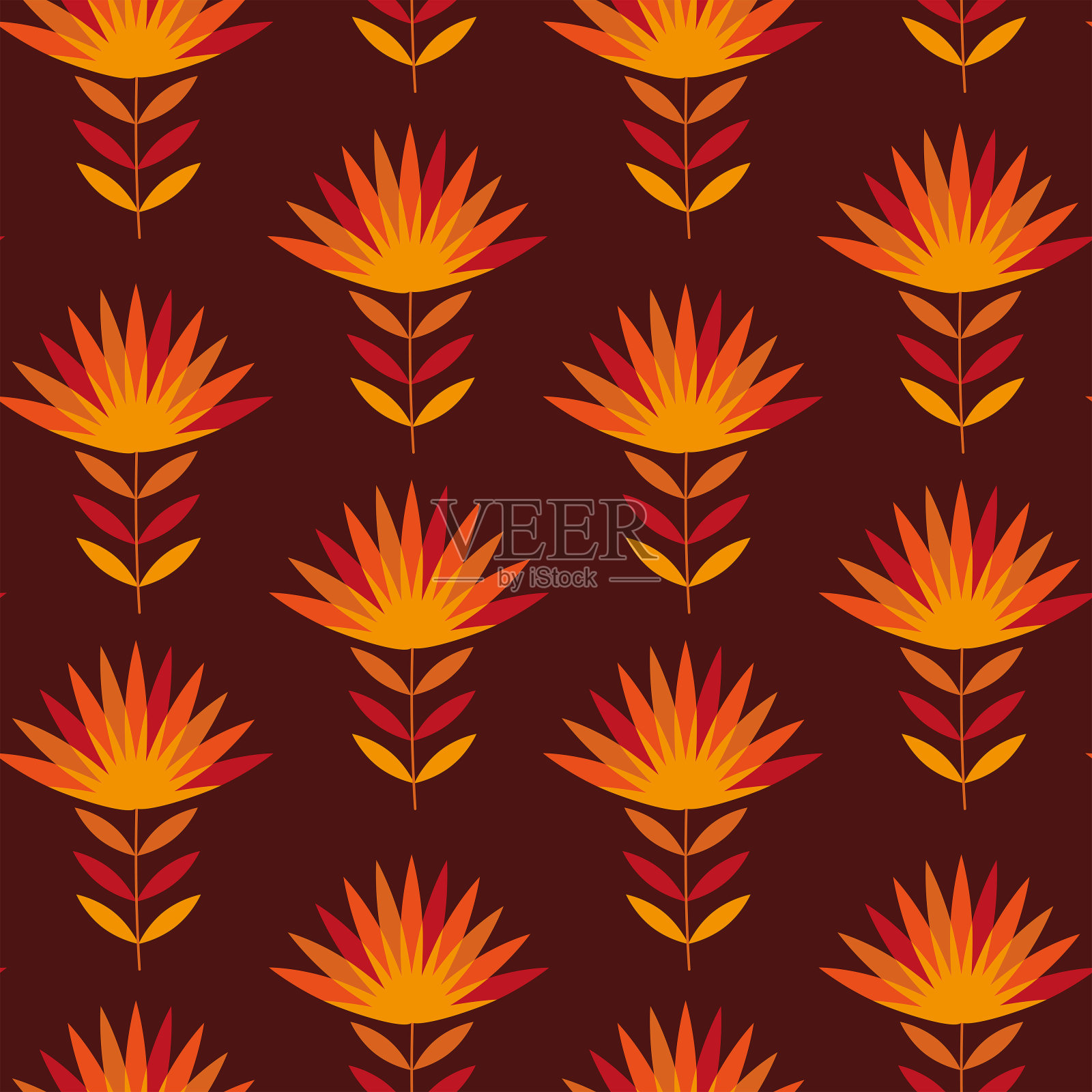 可爱的几何花朵无缝无缝模式在橙色,红色,棕色,黄色和橘红色背景。插画图片素材